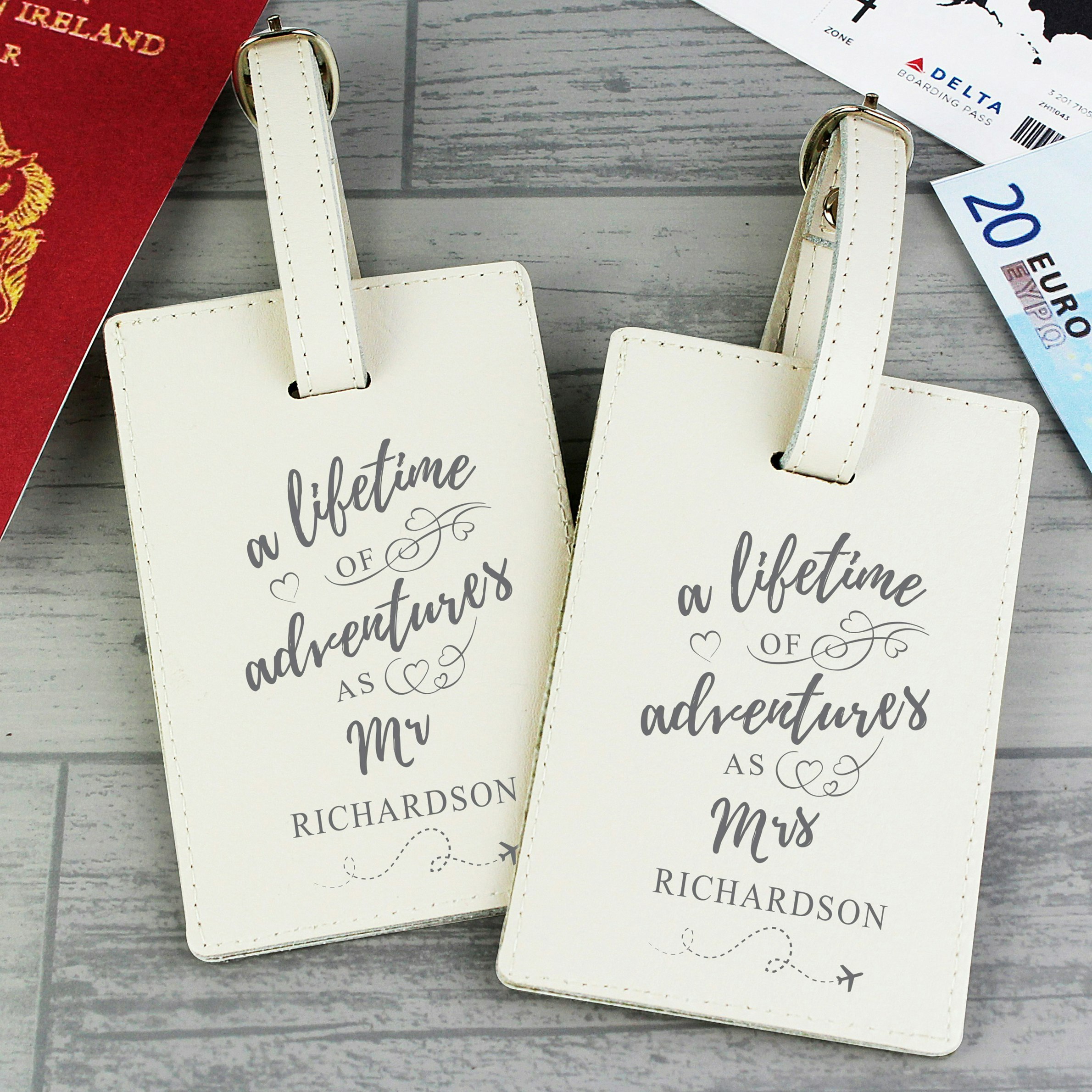 Personalised Memento Company Cream Personalised 'Lifetime Of Adventures' Couples Luggage Tags
