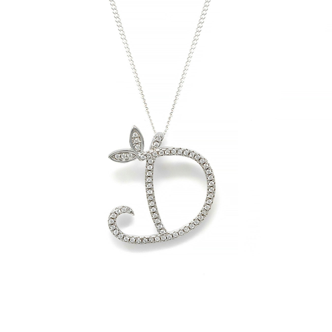 Say It With Silver 1 Inch Winged Full Cz Stones Initial Necklace - Sterling - D