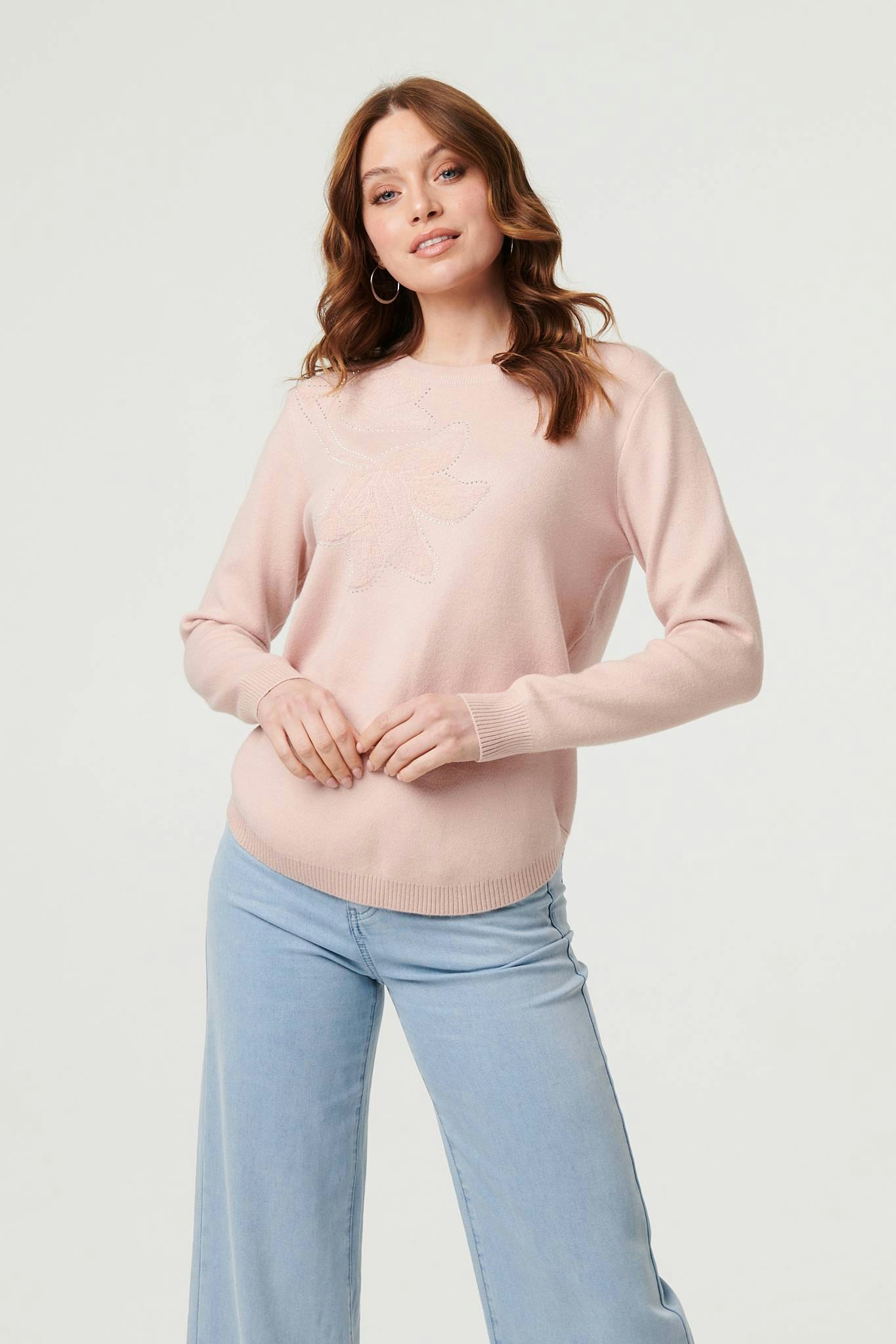 Izabel London Pink Sparkle Detail Floral Embroidered Jumper - 14