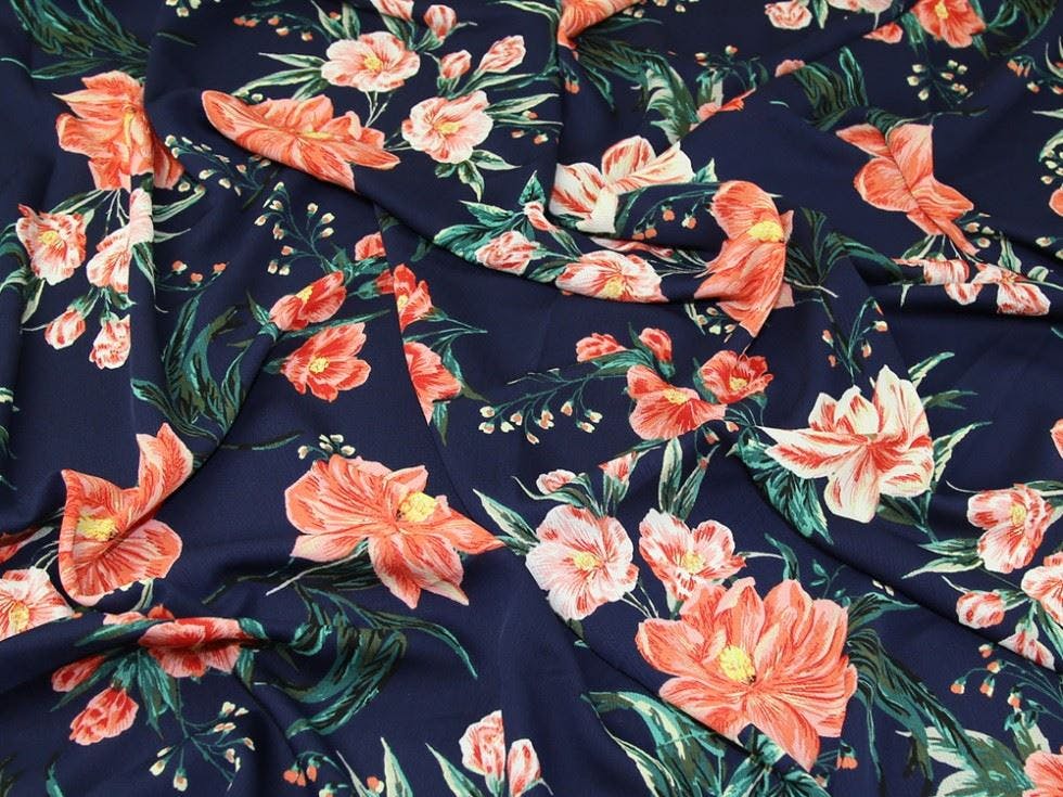 Minerva Blue Core Range Deadstock Ripple Crepe Fabric - Flowers Design Dressmaking Fabric, 145 Cm / 58" Wide - Per Metre - Navy