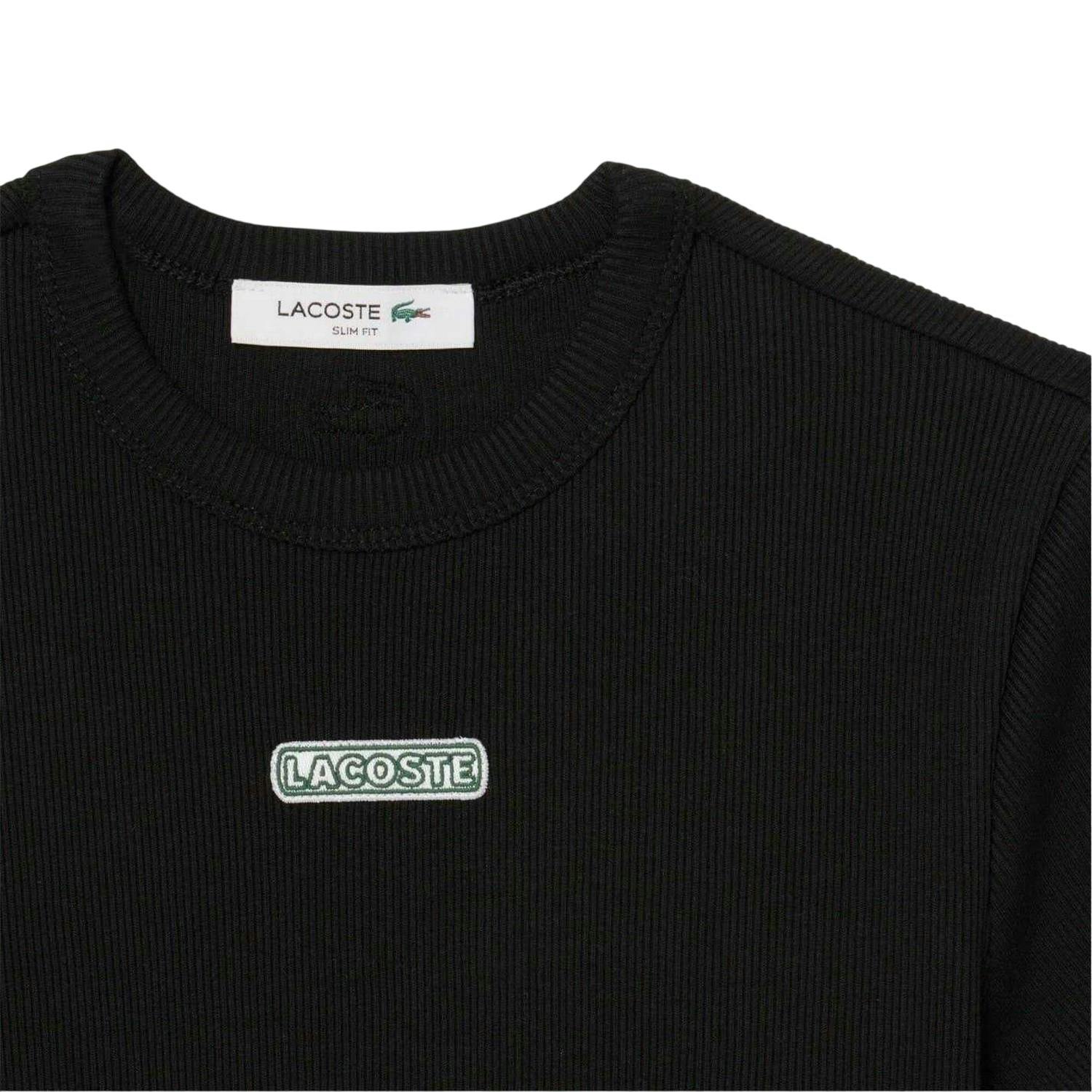 Lacoste Women's Black Ribbed Crew Neck Slim T-Shirt - 14 Uk - 100% Organic Cotton