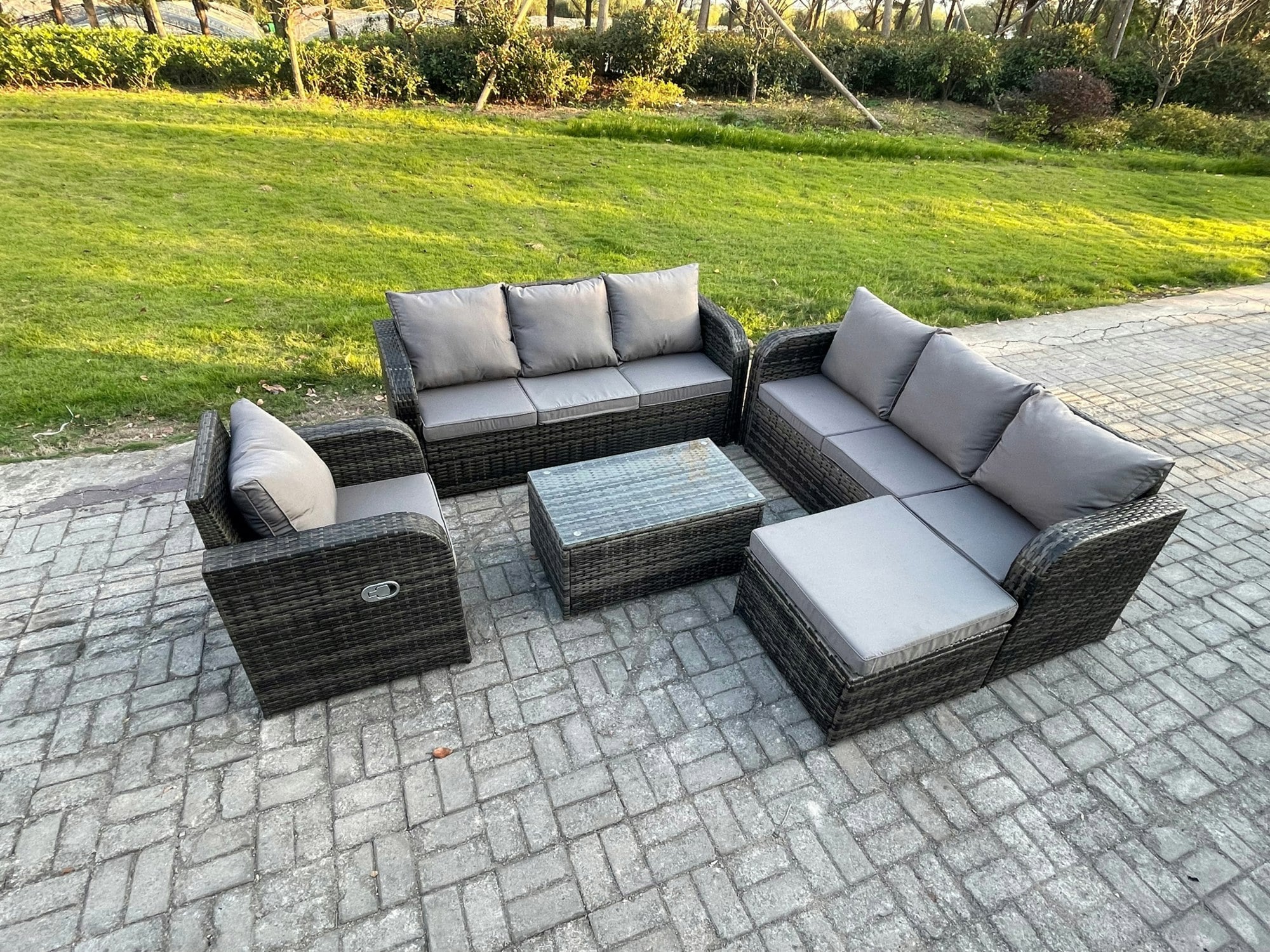Fimous Dark/Grey 8 Seater Mixed Rattan Outdoor Sofa Dining Set - 3-Seater Sofa, Reclining Chair & Footstool