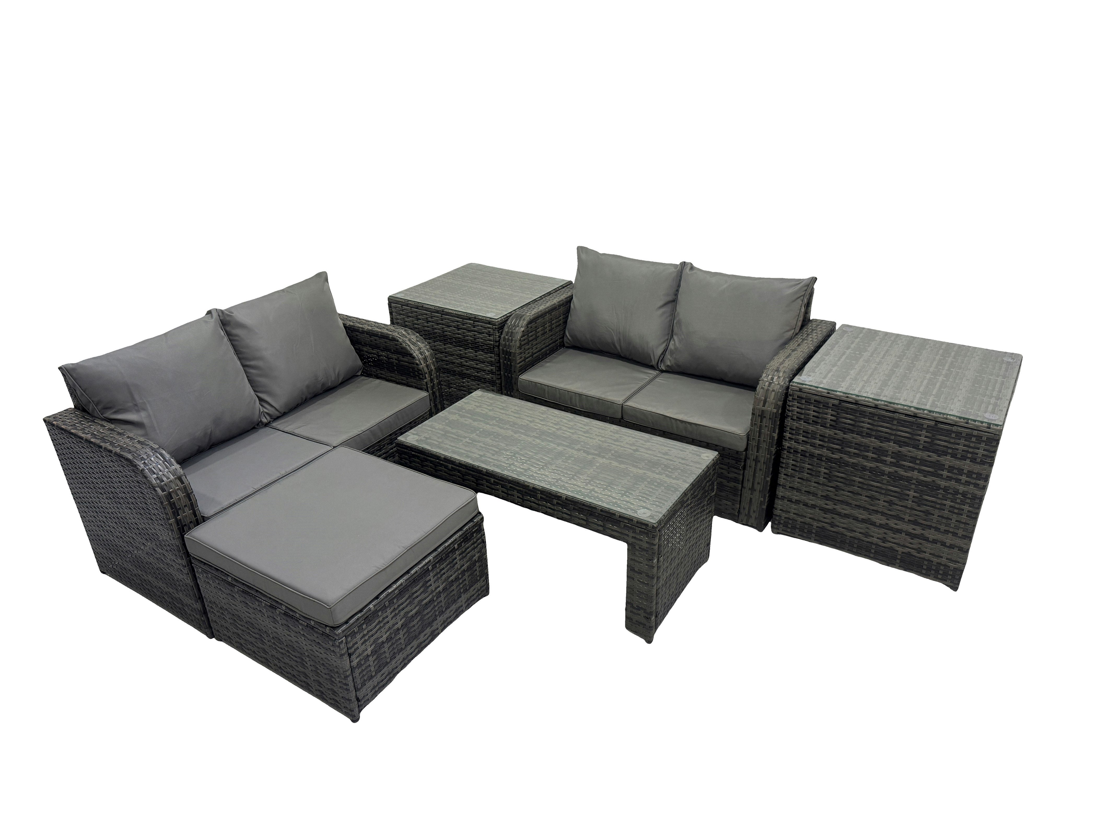 Fimous Dark/Grey 3 Seater Sofa Reclining Chair Coffee Table Set Rattan Garden Outdoor Furniture Set With 2 Side Tables Big Stool Mixed