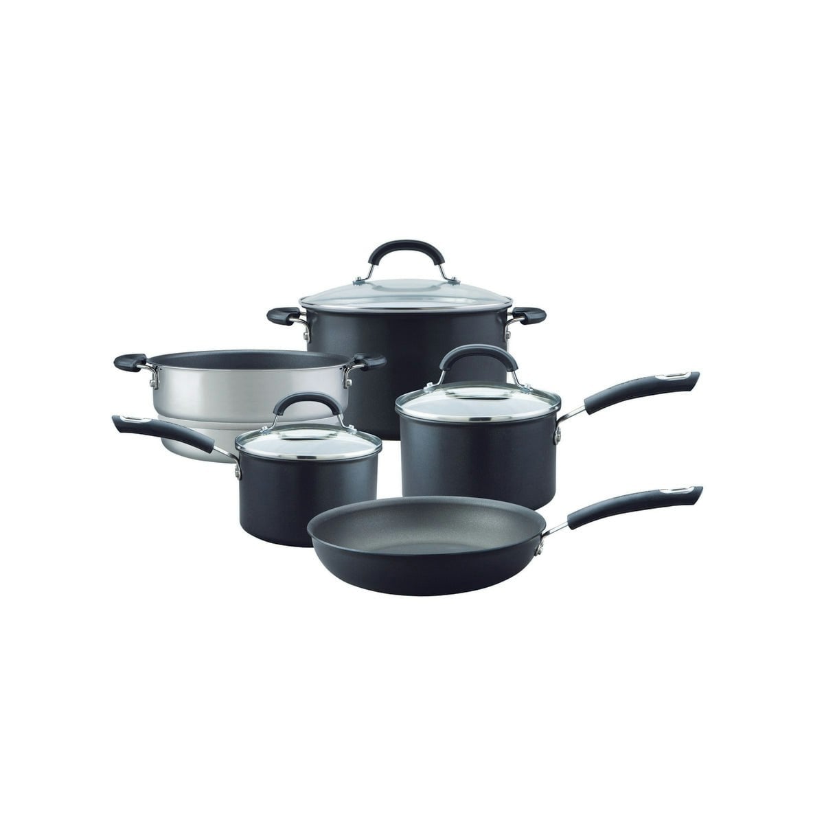 Rackhams Black Total Non-Stick Saucepan, Saucepot, Steamer & Frying Pan Set - 5 Pieces - 5 Piece - Aluminium