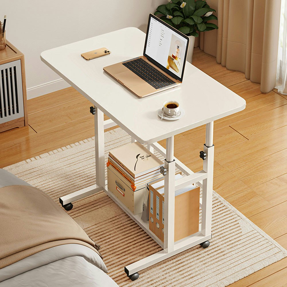 Rackhams White 2-Tier Height Adjustable Mobile Table Overbed Desk With Shelves Wheels