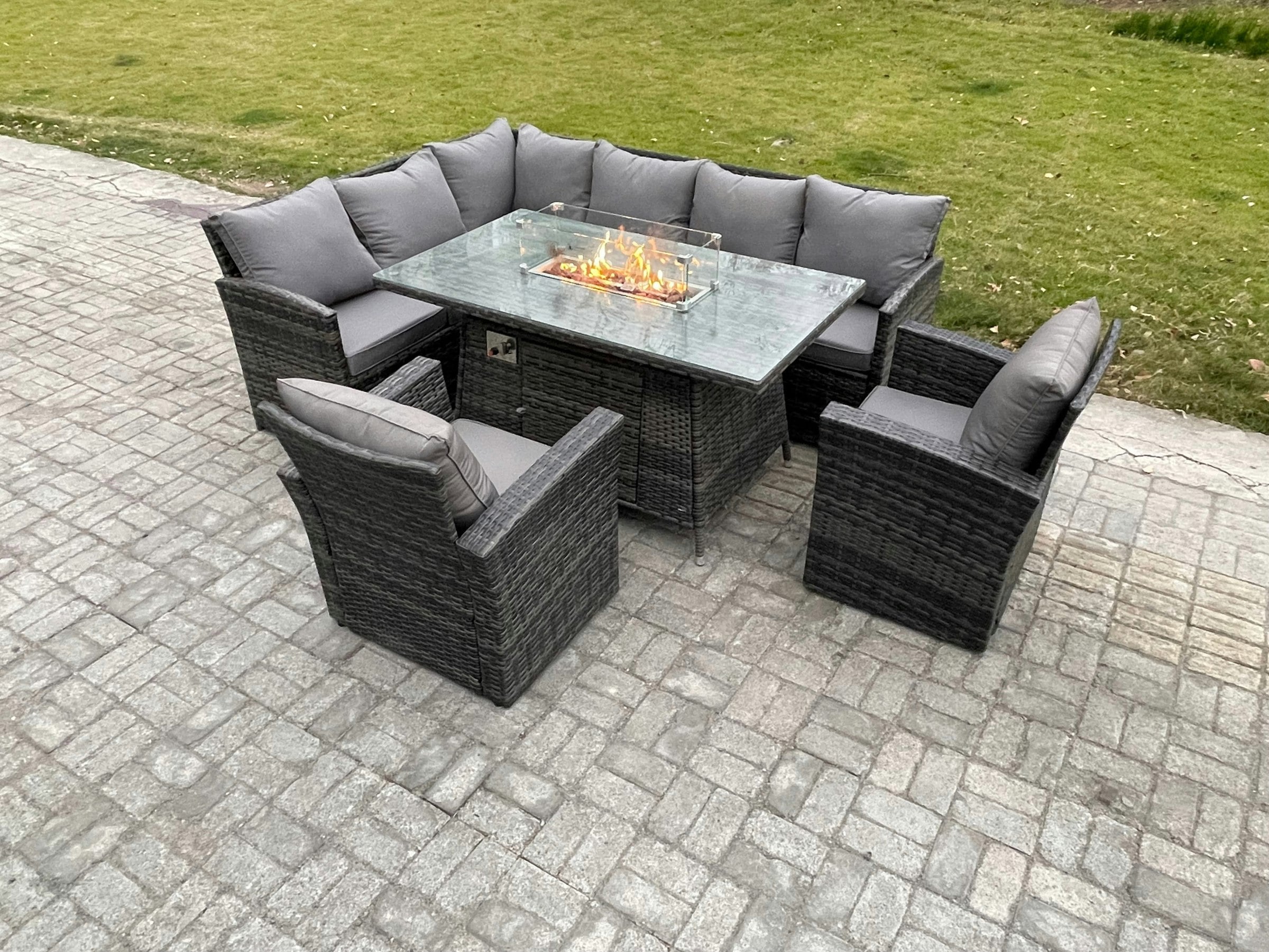 Fimous Dark/Grey Rattan Garden Furniture High Back Corner Sofa Gas Fire Pit Dining Table Sets Gas Heater With 2 Armchairs 8 Seater Mixed