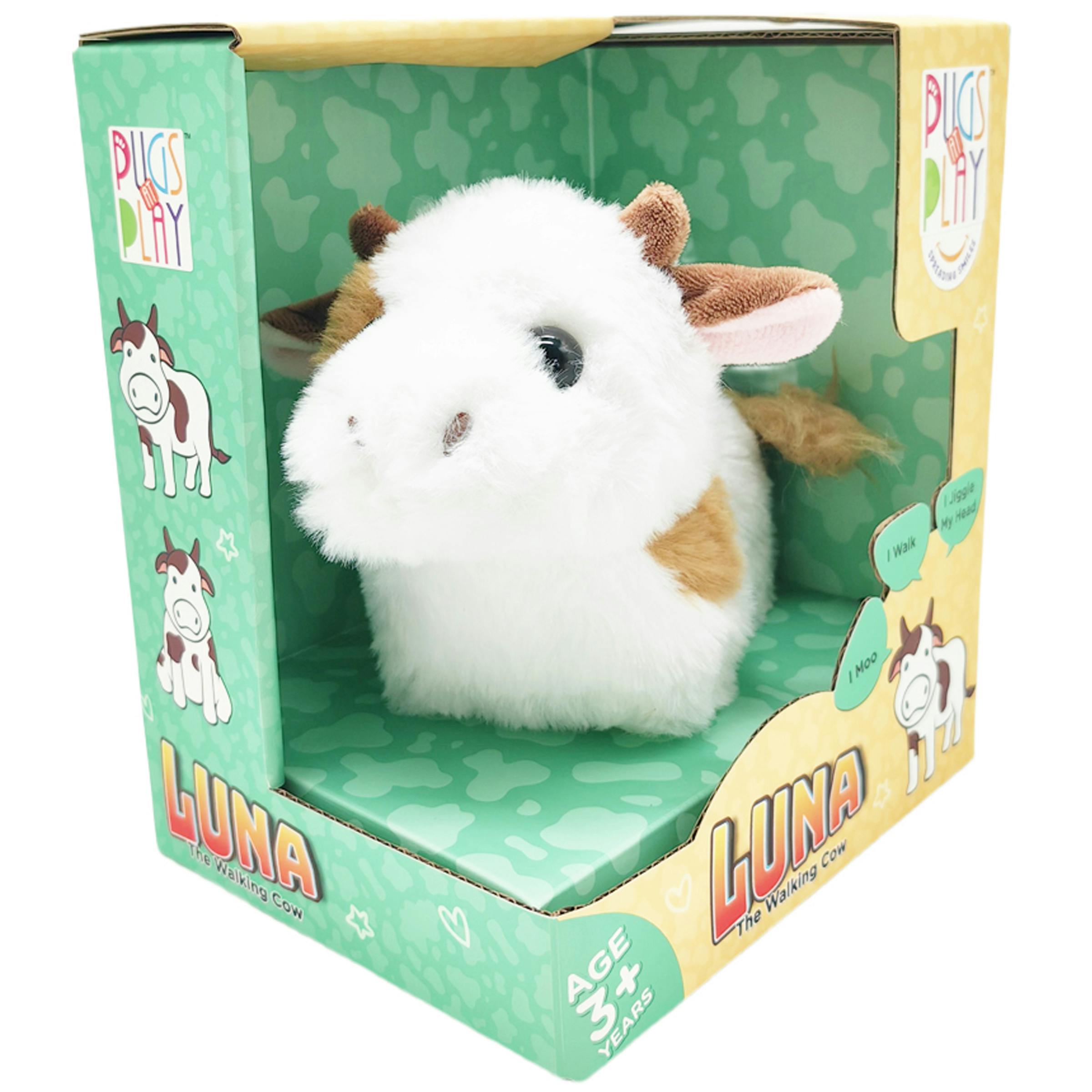 Pugs At Play White Luna Interactive Walking Cow Plush Toy - Fabric