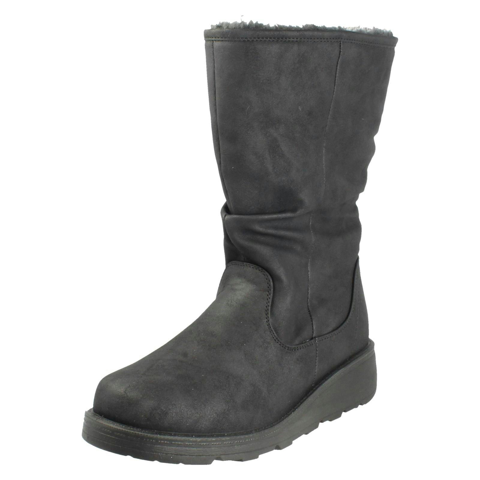 Spot On Women's Black Fur Lined Zip Up Wide Fit Wedge Heel Mid Calf Boots F4466 - Uk 6