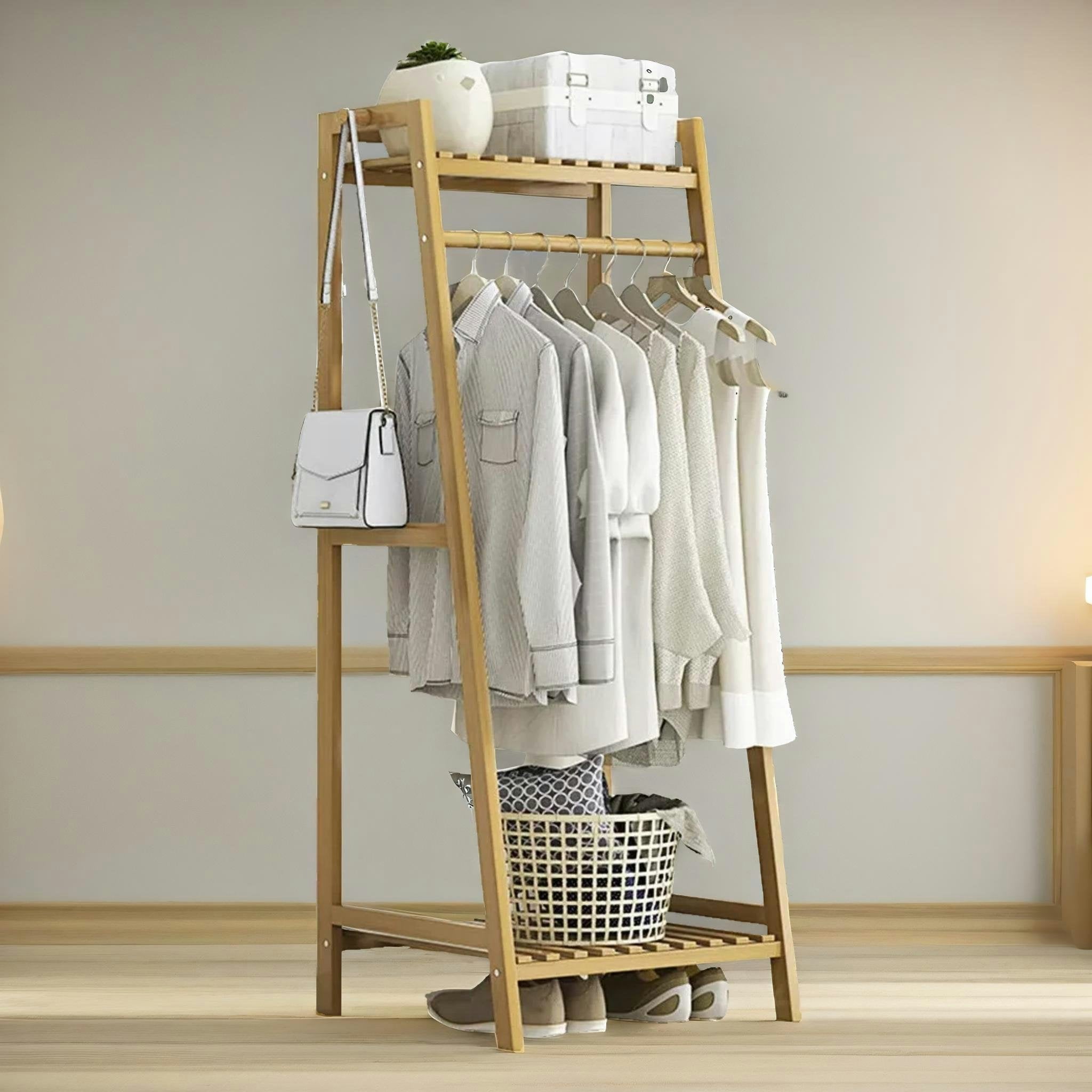 Rackhams Brown Wooden Open Wardrobe Garment Rail With Storage Shelf Natural