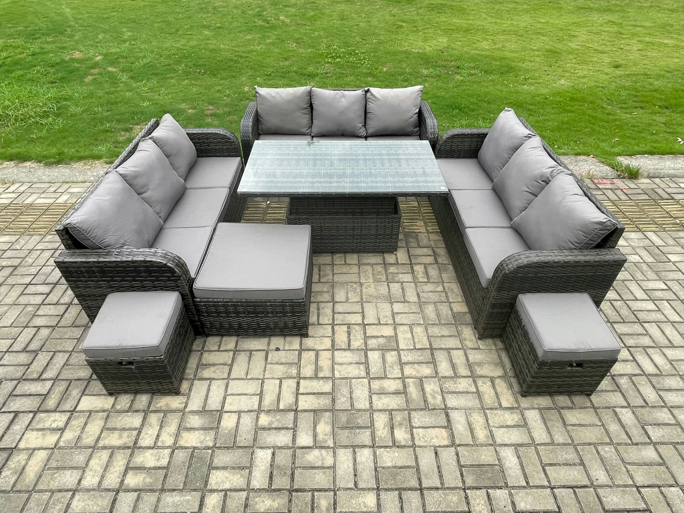 Fimous Dark/Grey Mixed Rattan Outdoor Lounge Set - Height Adjustable Lifting Table, Big Footstool & 2 Small Footstools