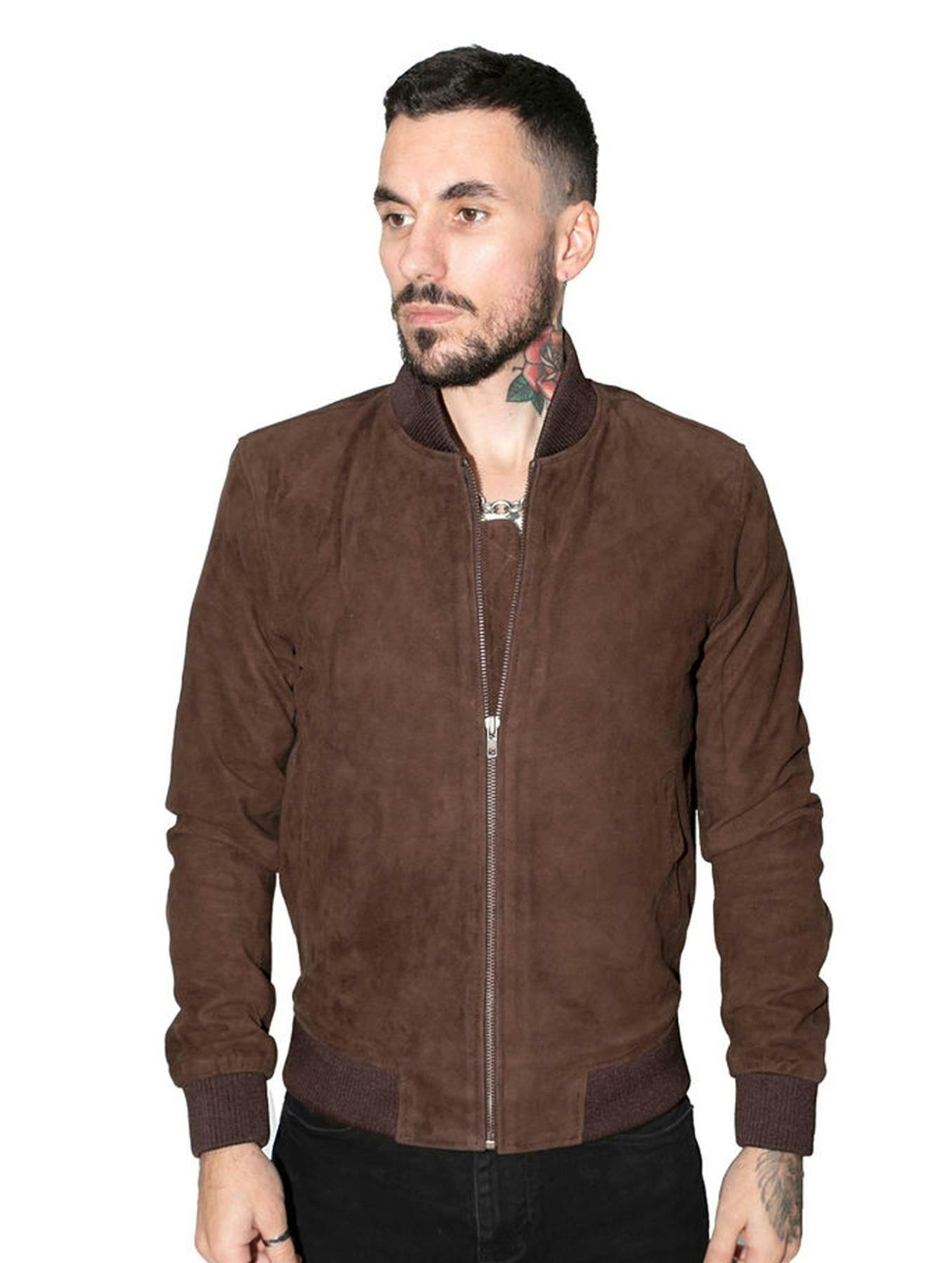 Infinity Leather Men's Brown Retro Goat Suede Varsity Leather Bomber Jacket-Athens - Uk 4XL | Eu 58 | Us 48