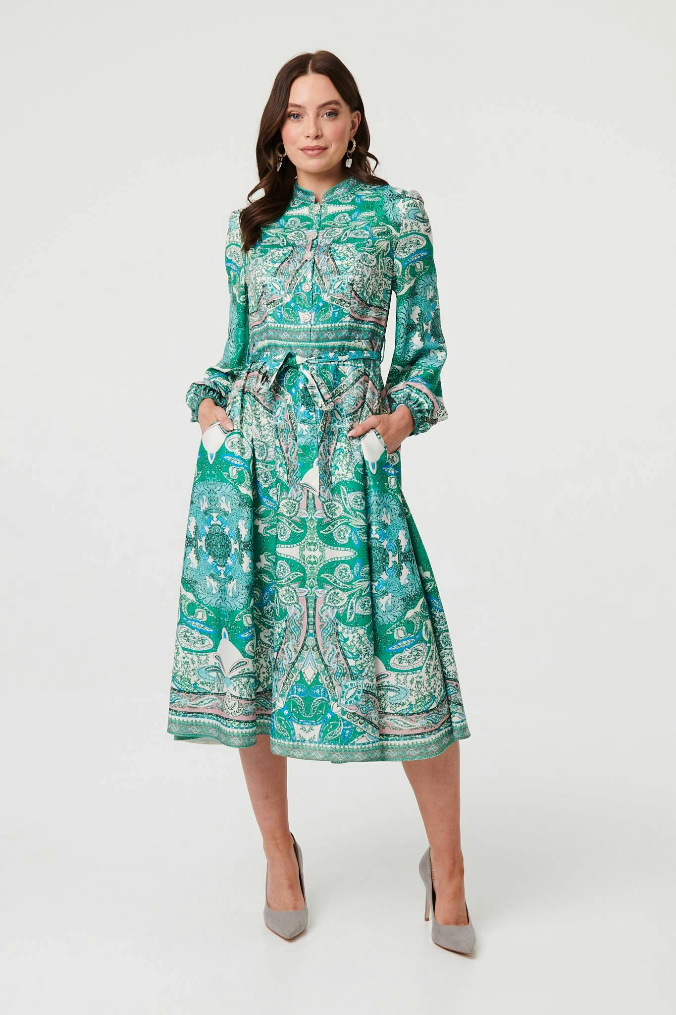 Izabel London Green Printed Long Sleeve Tie Midi Dress - 16