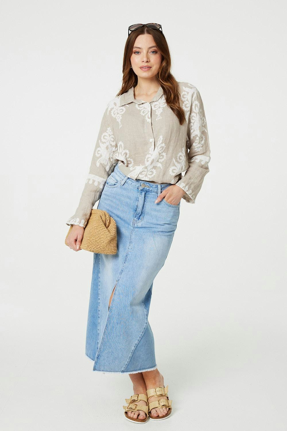 Izabel London Printed Oversized Button Down Shirt - Stone - 16