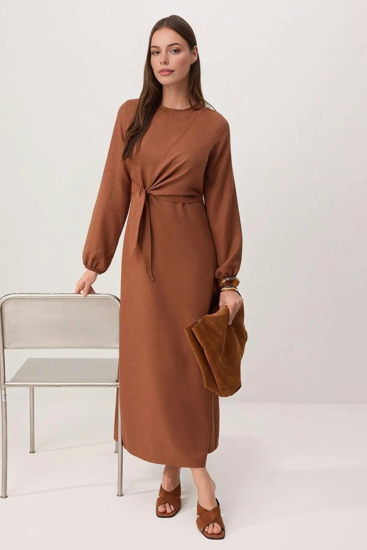 Hoxton Gal Light/Brown Linen-Look Woven Dress - 12