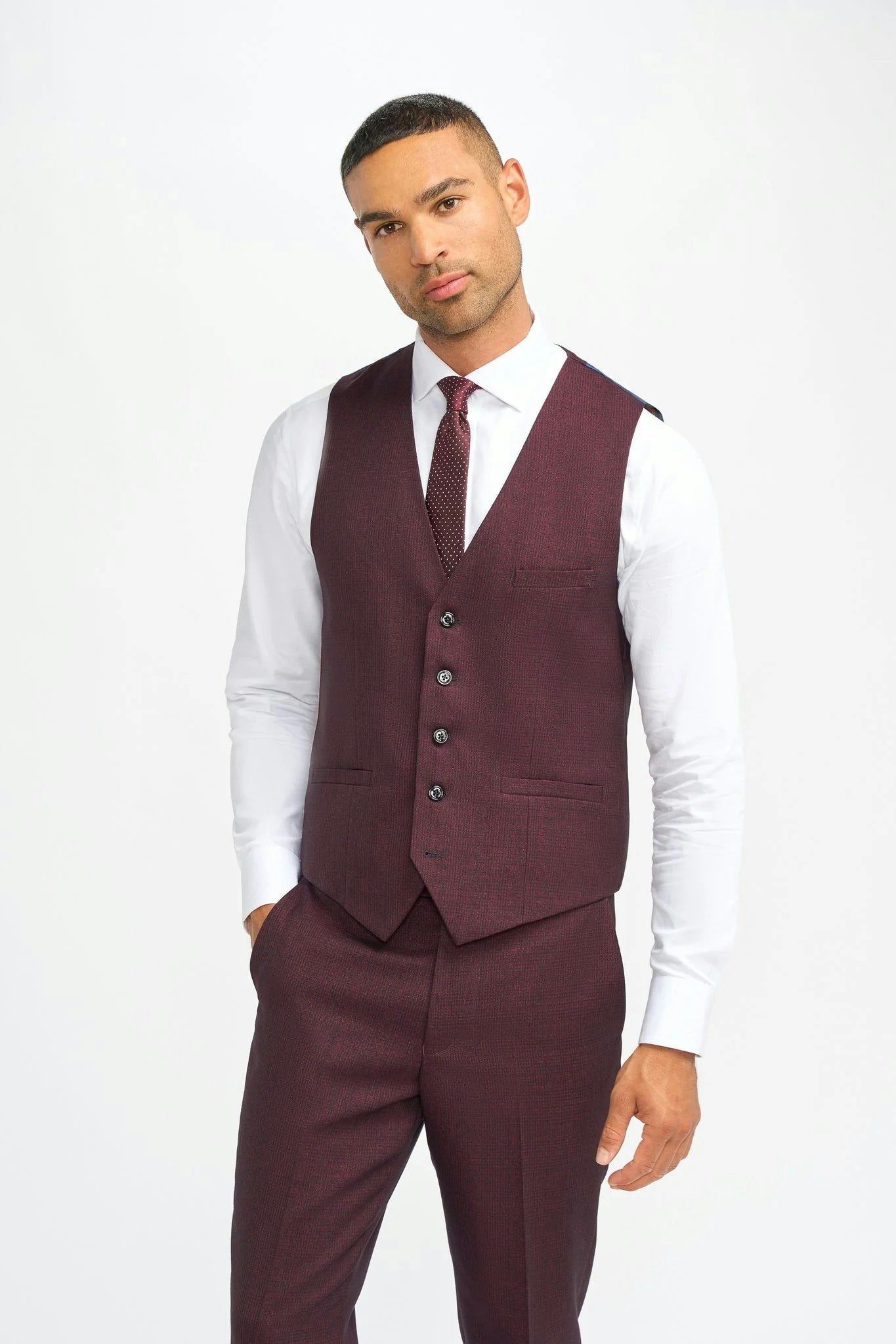House Of Cavani Men's Burgundy Caridi - Checked Waistcoat - 42