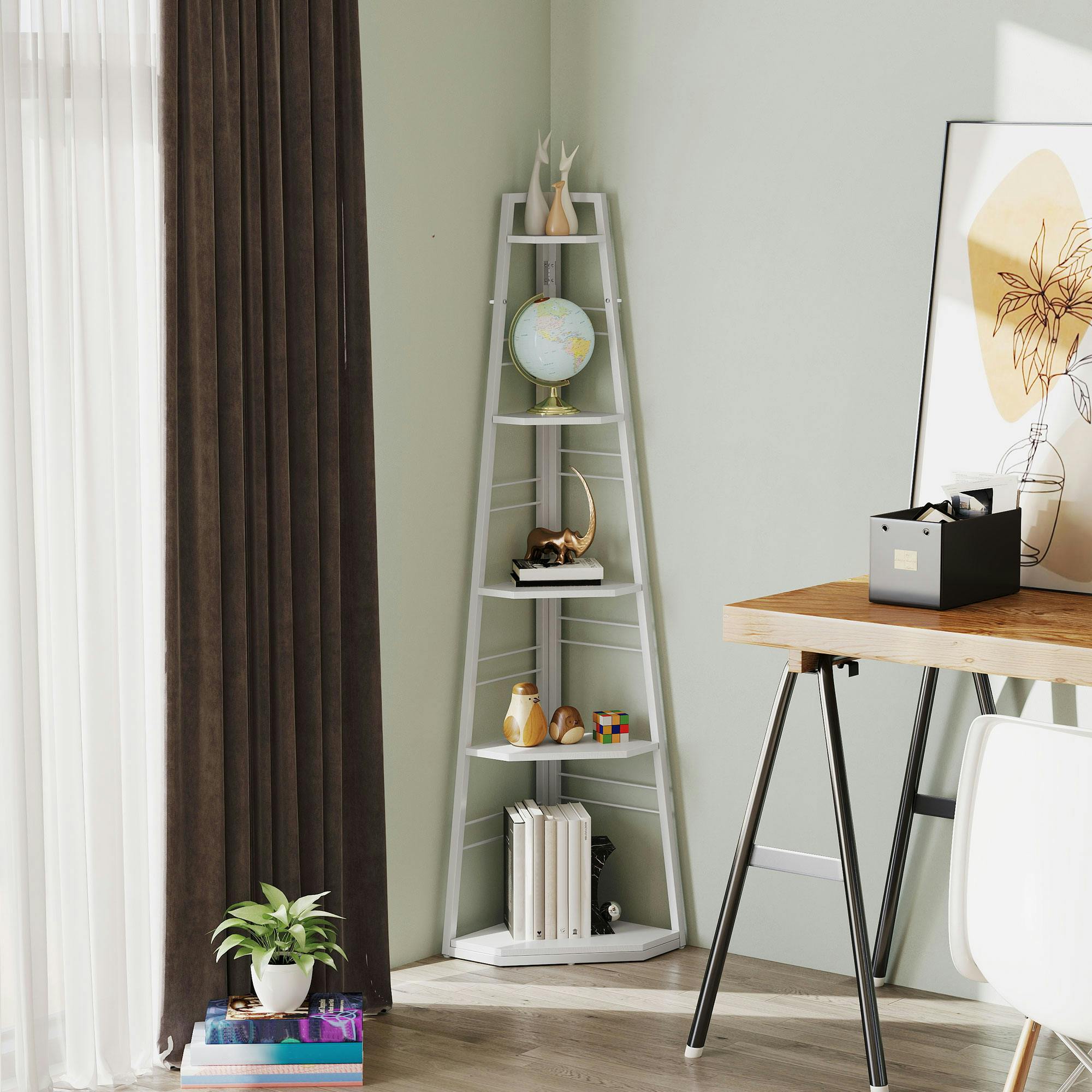 Rackhams White 5-Tier Corner Shelf, Shelving Unit With Adjustable Feet, Natural Wood