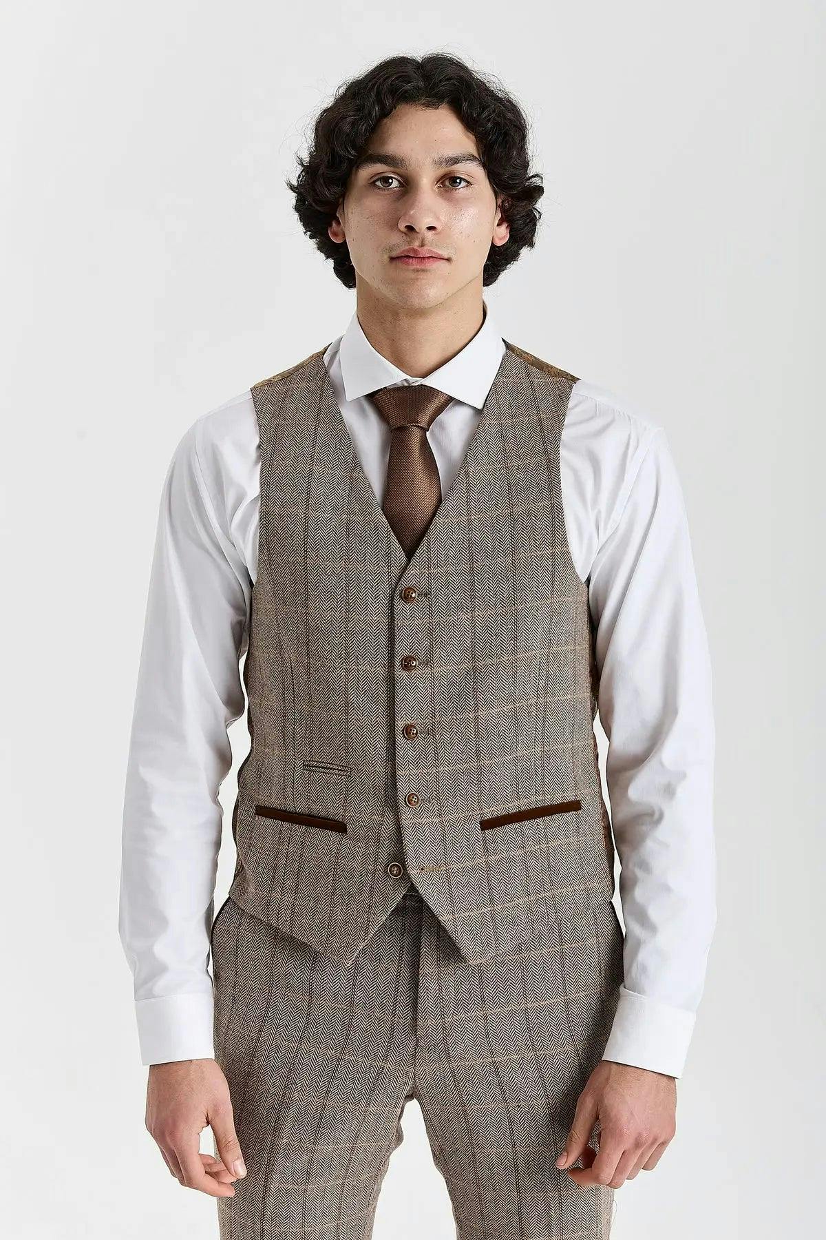 Paul Andrew Men's Brown Harris - Tweed Herringbone Check Waistcoat - 42