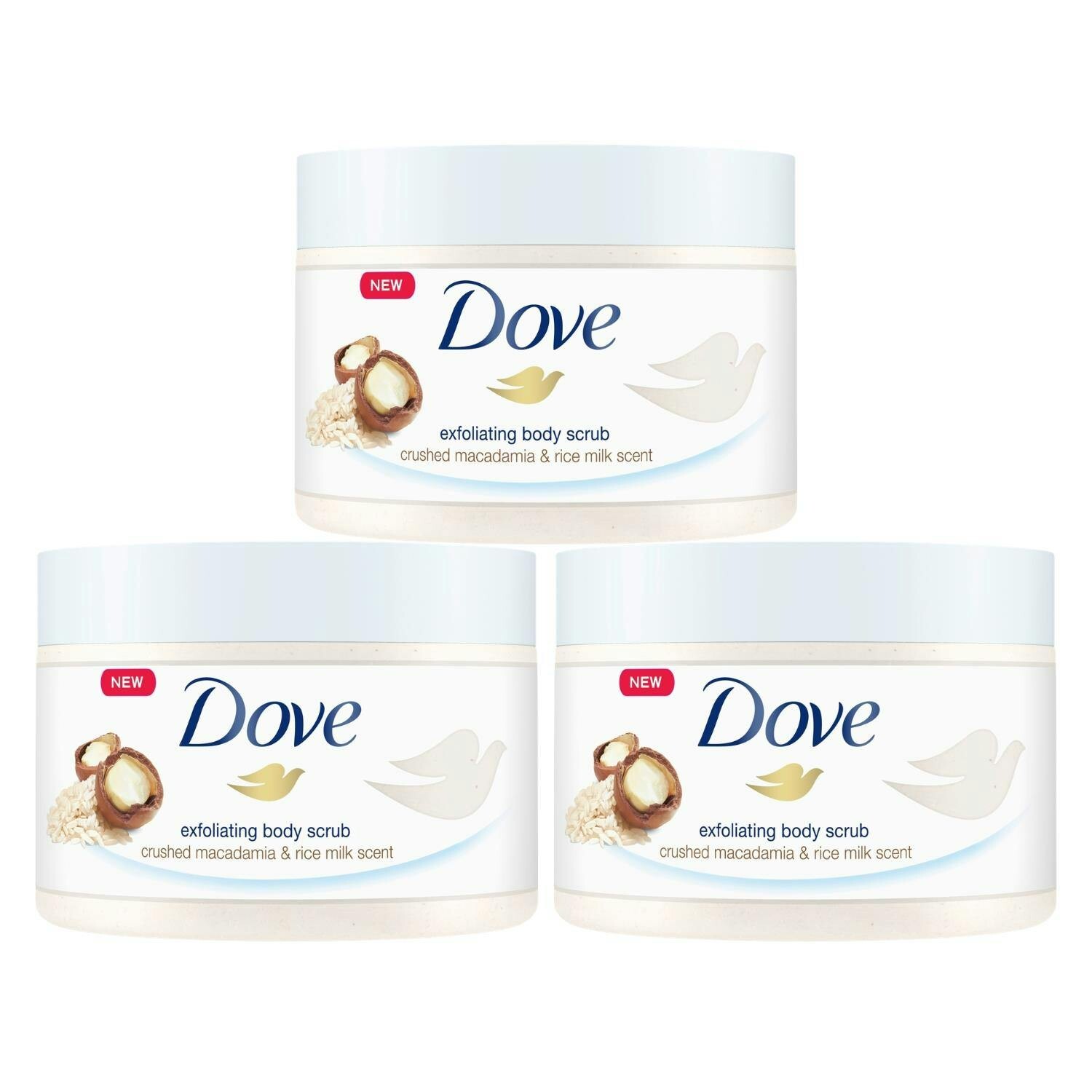 Dove Cream Exfoliating Body Scrub Crushed Macadamia & Rice Milk, 225Ml 3 Pack