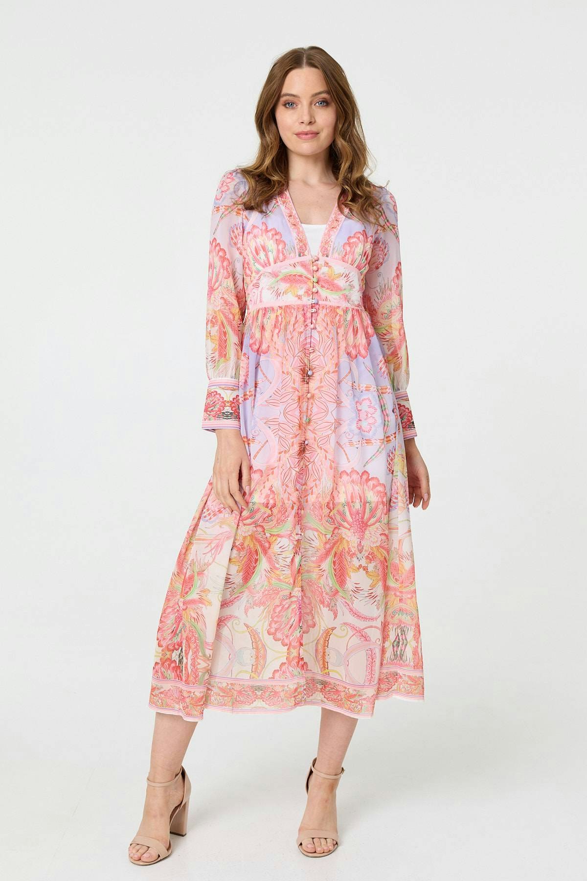 Izabel London Women's Pink Printed Puff Sleeve Empire Maxi Dress - Size 14