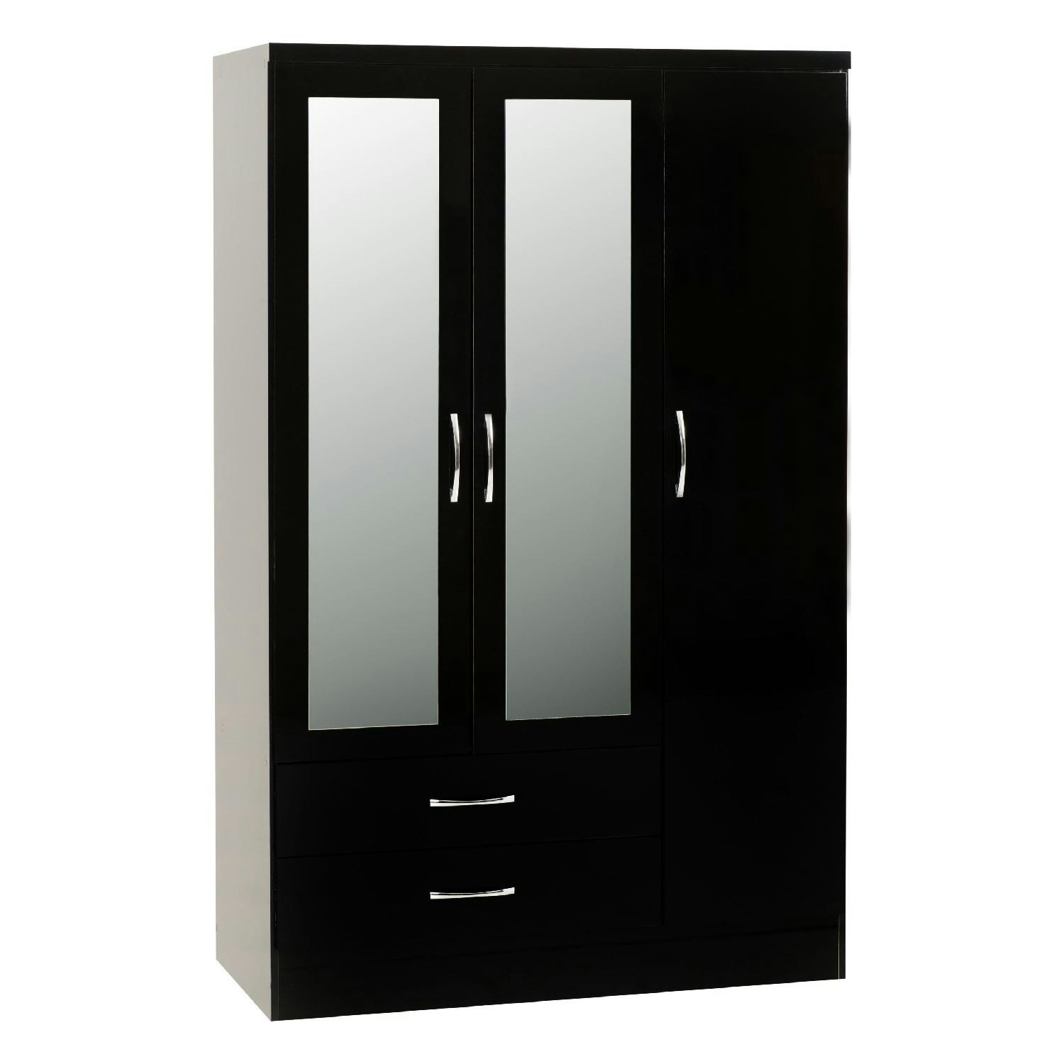 Seconique Black Nevada 3 Door 2 Drawer Mirrored Wardrobe - Gloss