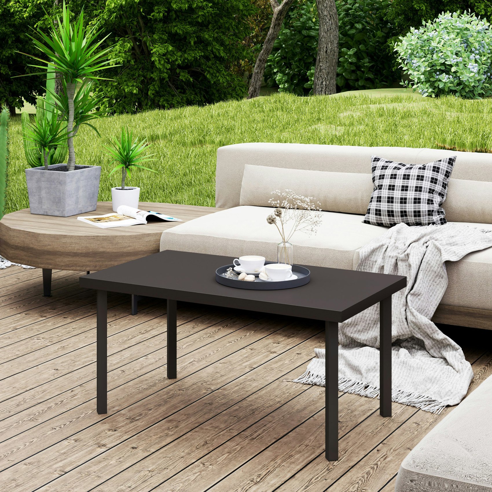 Outsunny Brown Metal Garden Coffee Table With Woodgrain Tabletop - Metal