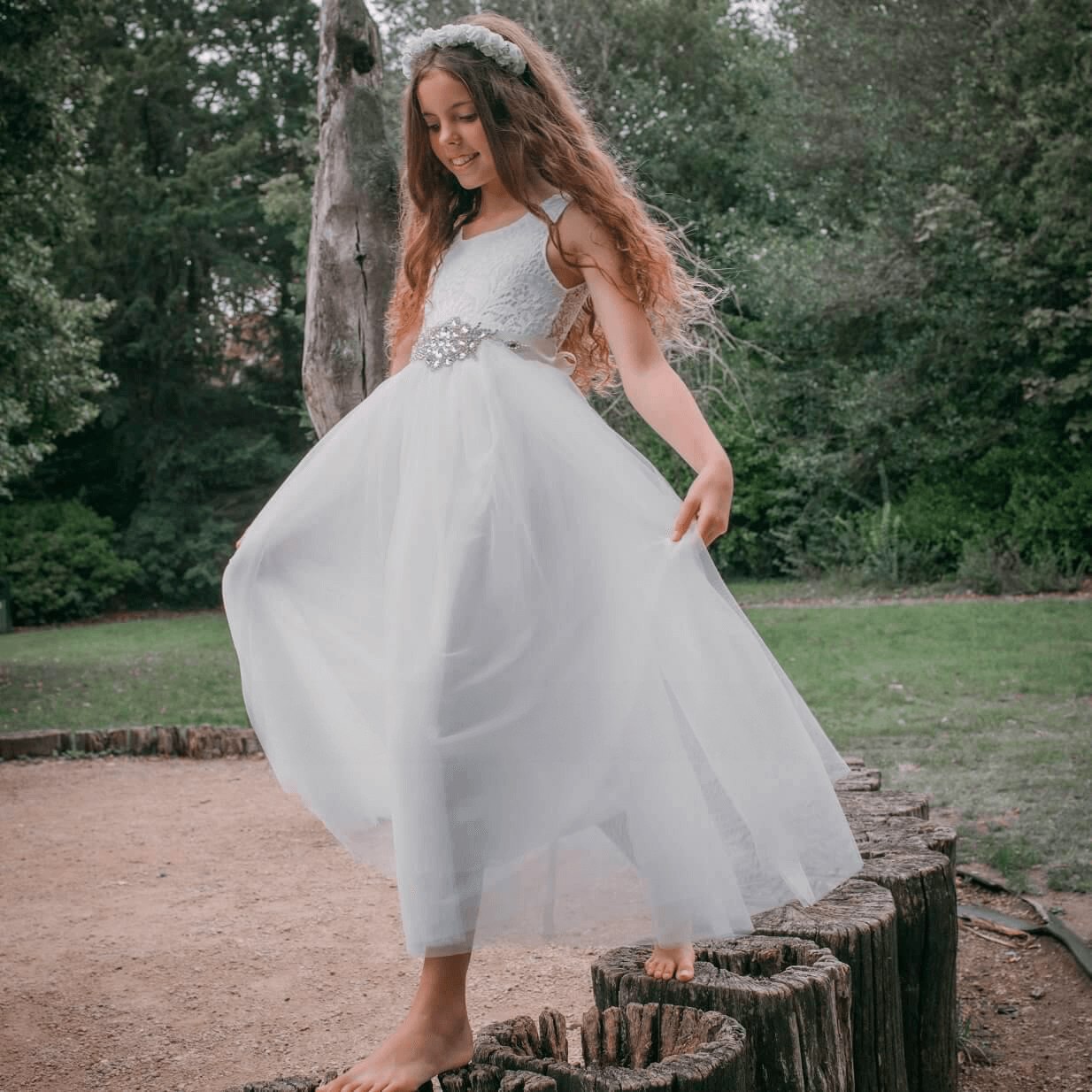 Uk Flower Girl Boutique Girls White Uk Flower Boutique Bohemian Classic Dress - 9/10 Years