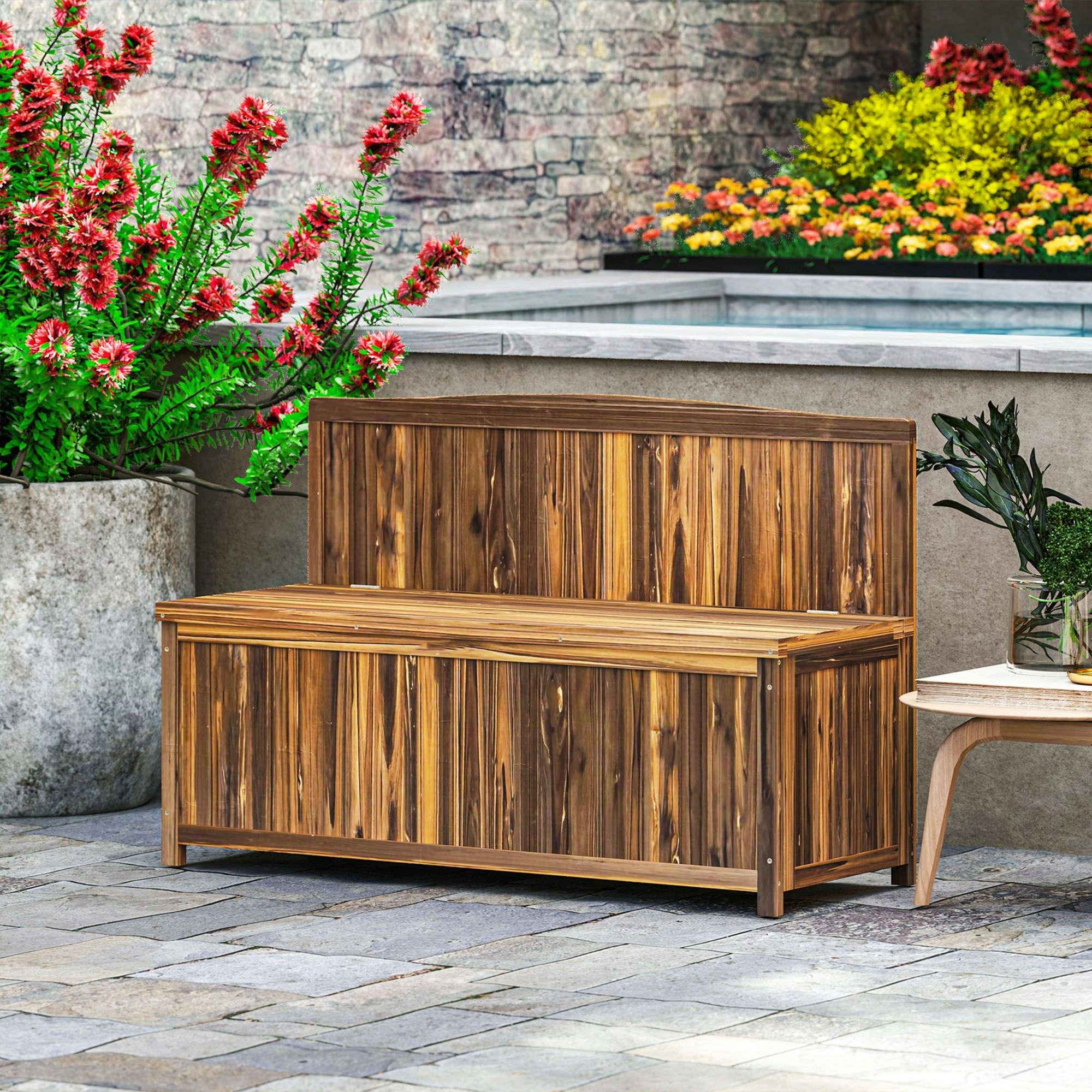 Rackhams Brown Wood Storage Bench For Patio, Outdoor Garden Seating, Natural - Fir Wood - 115Cmx45cmx75cm