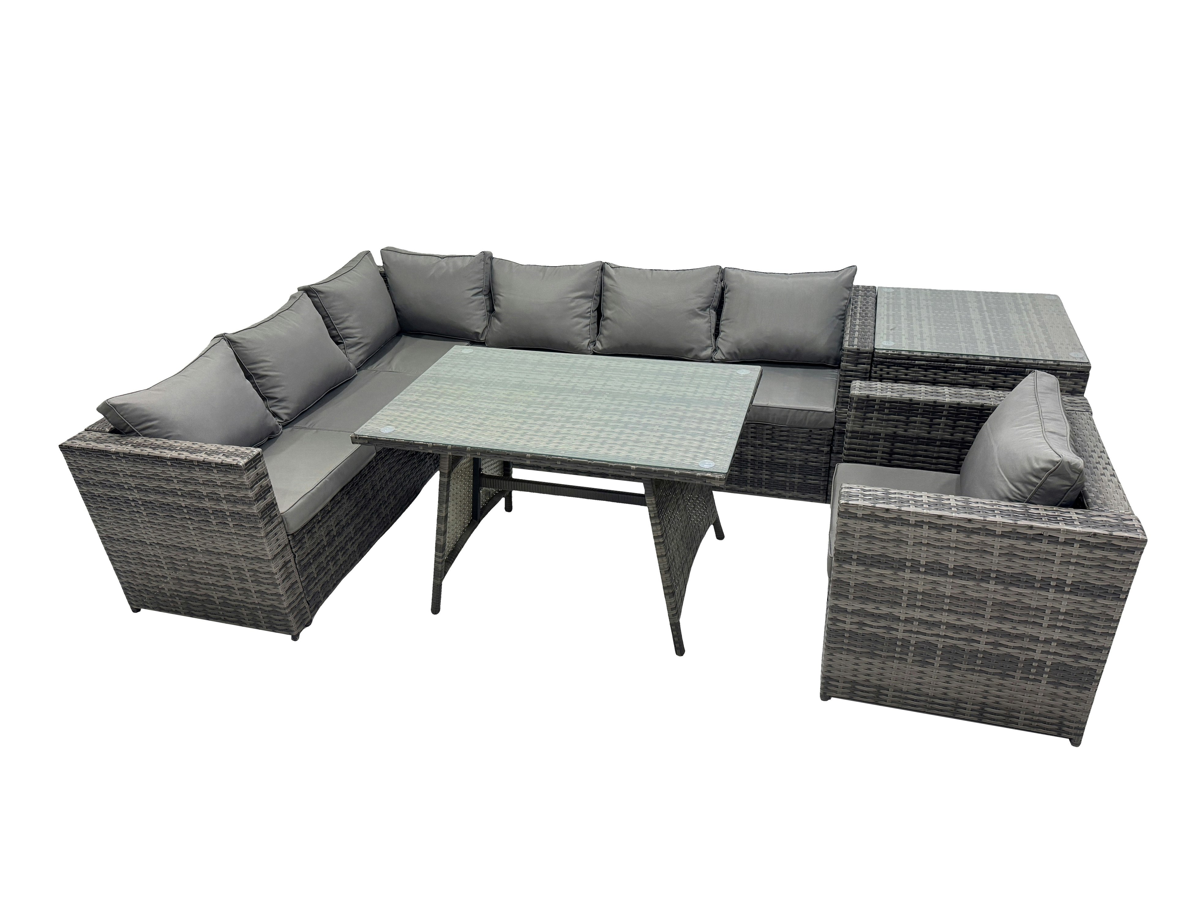 Fimous Dark/Grey 7 Seater Outdoor Pe Rattan Sofa Set With Dining Table Patio Garden Furniture Sets With Chair Side Table Mixed