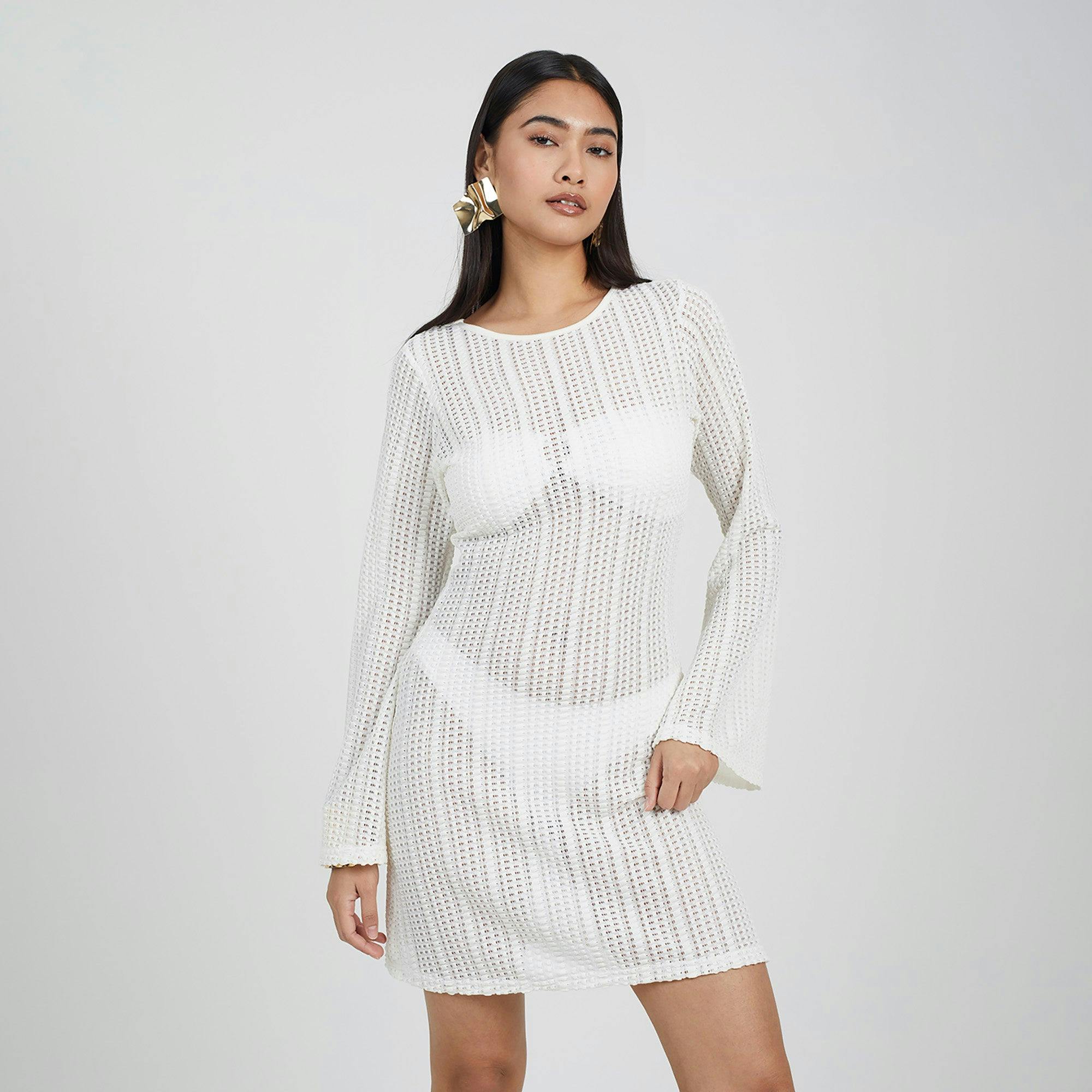 Brave Soul White Long Sleeve Knitted Mesh Mini Dress - Off - Off - M