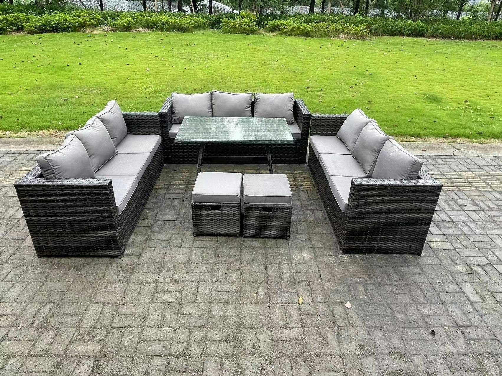 Rackhams Dark/Grey 11 Seater Rattan Outdoor Furniture Sofa Garden Dining Set With Patio Dining Table 2 Small Footstools Mixed