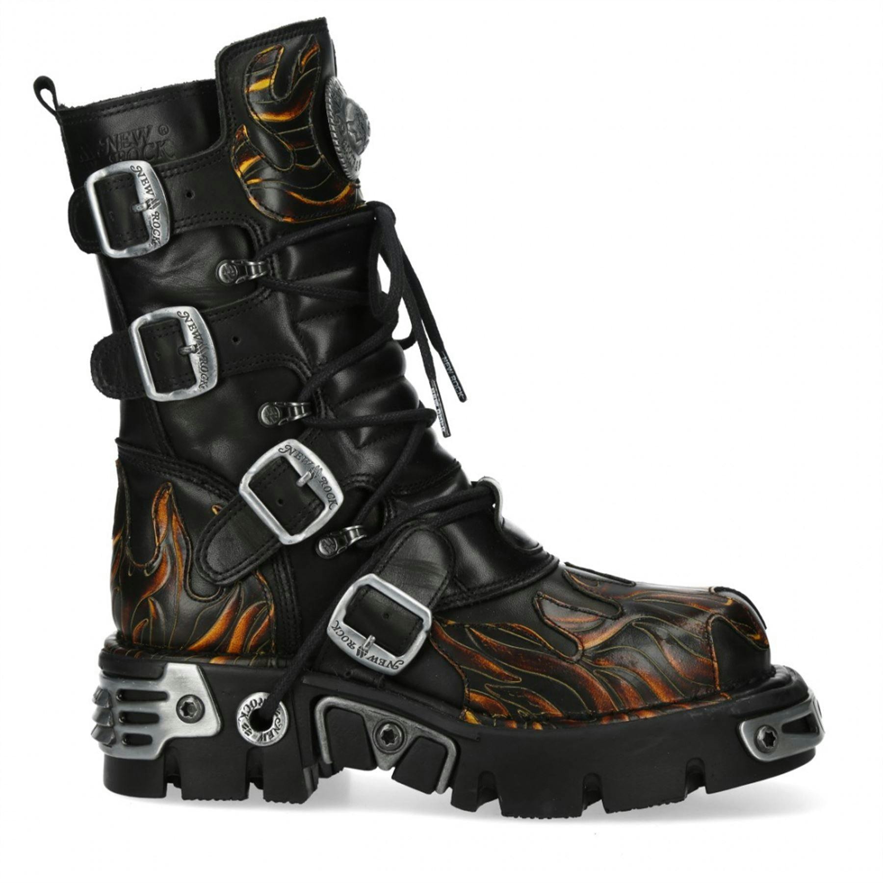 New Rock Unisex Black M-591-C58 Mid-Calf High Flame Leather Metallic Gothic Boots - Fire - Uk 7 | Eu 41 | Us 9.5