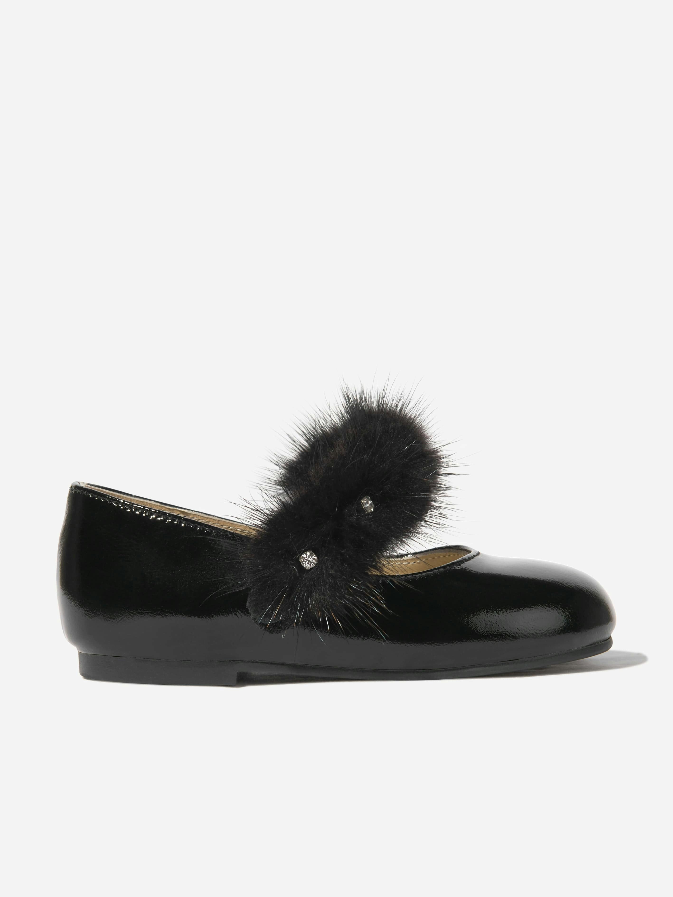 Babywalker Girls Black Patent Leather Faux Fur Trim Ballerinas In - Eu 19 Uk 3