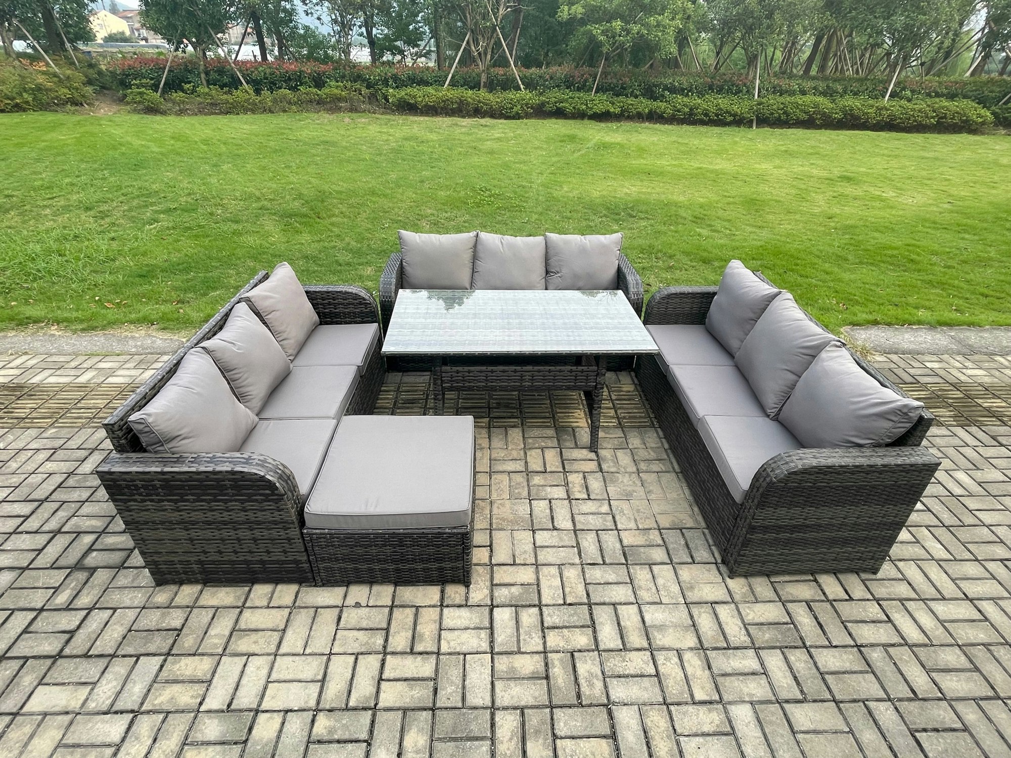Rackhams Dark/Grey Patio Rattan Garden Furniture Set With Oblong Rectangular Dining Table Big Footstool 10 Seater Outdoor Lounge Sofa Set Mixed