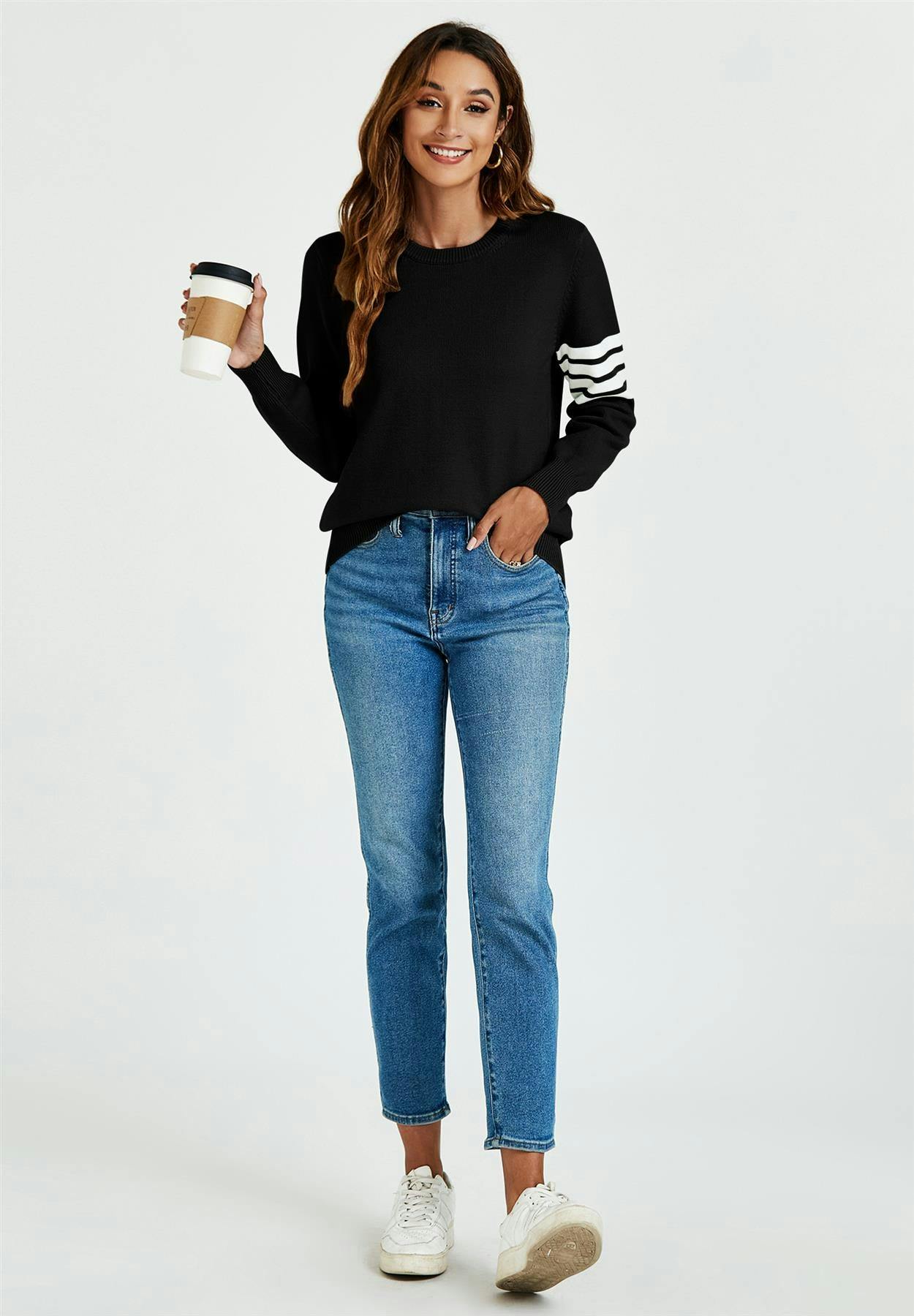 Fs Collection Black Stripe Pattern Jumper Top In - Onesize