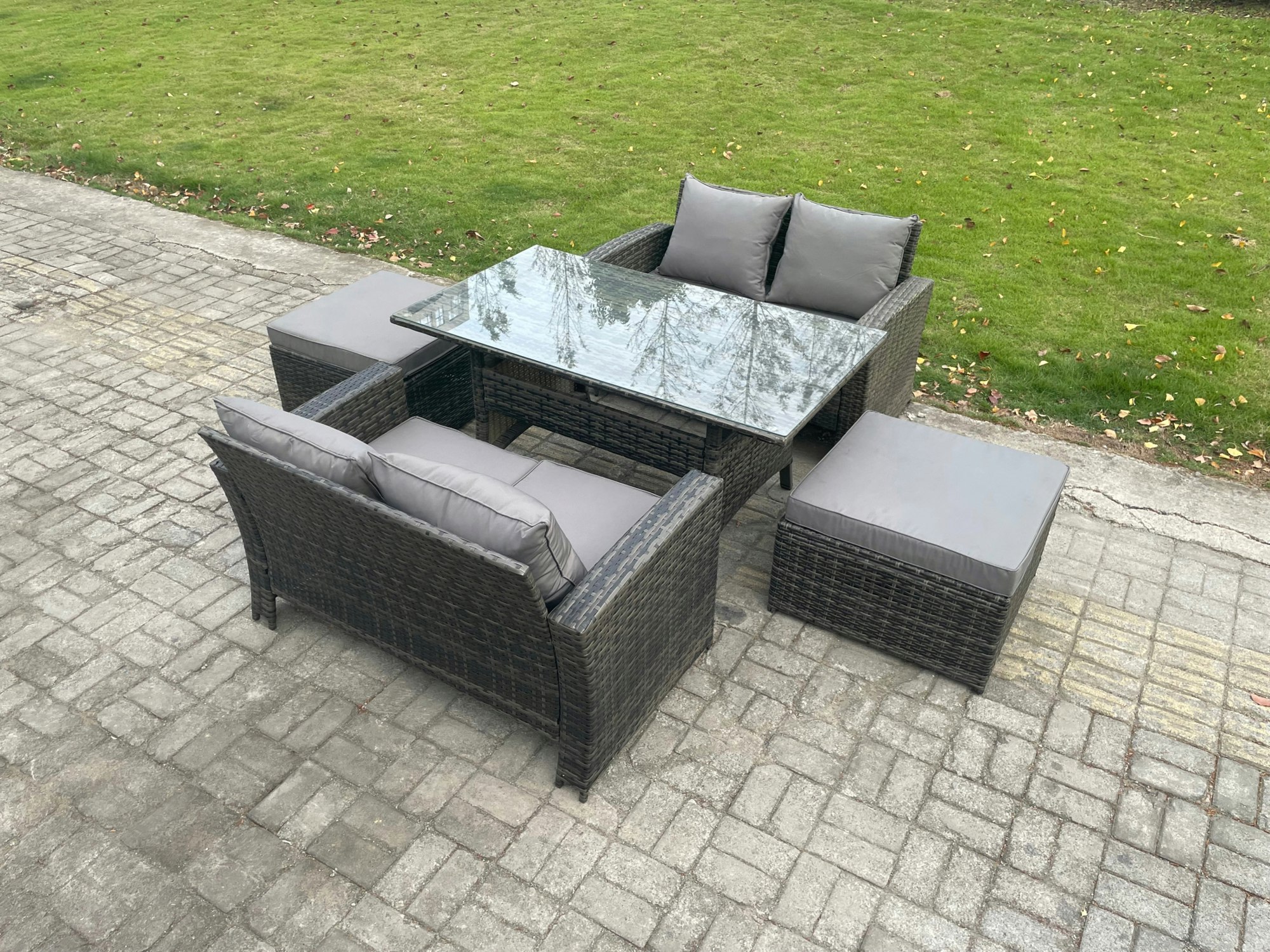 Fimous Dark/Grey 6 Seater Pe Wicker Rattan Garden Furniture Set Love Sofa Outdoor Rectangular Dining Table 2 Big Footstool Mixed