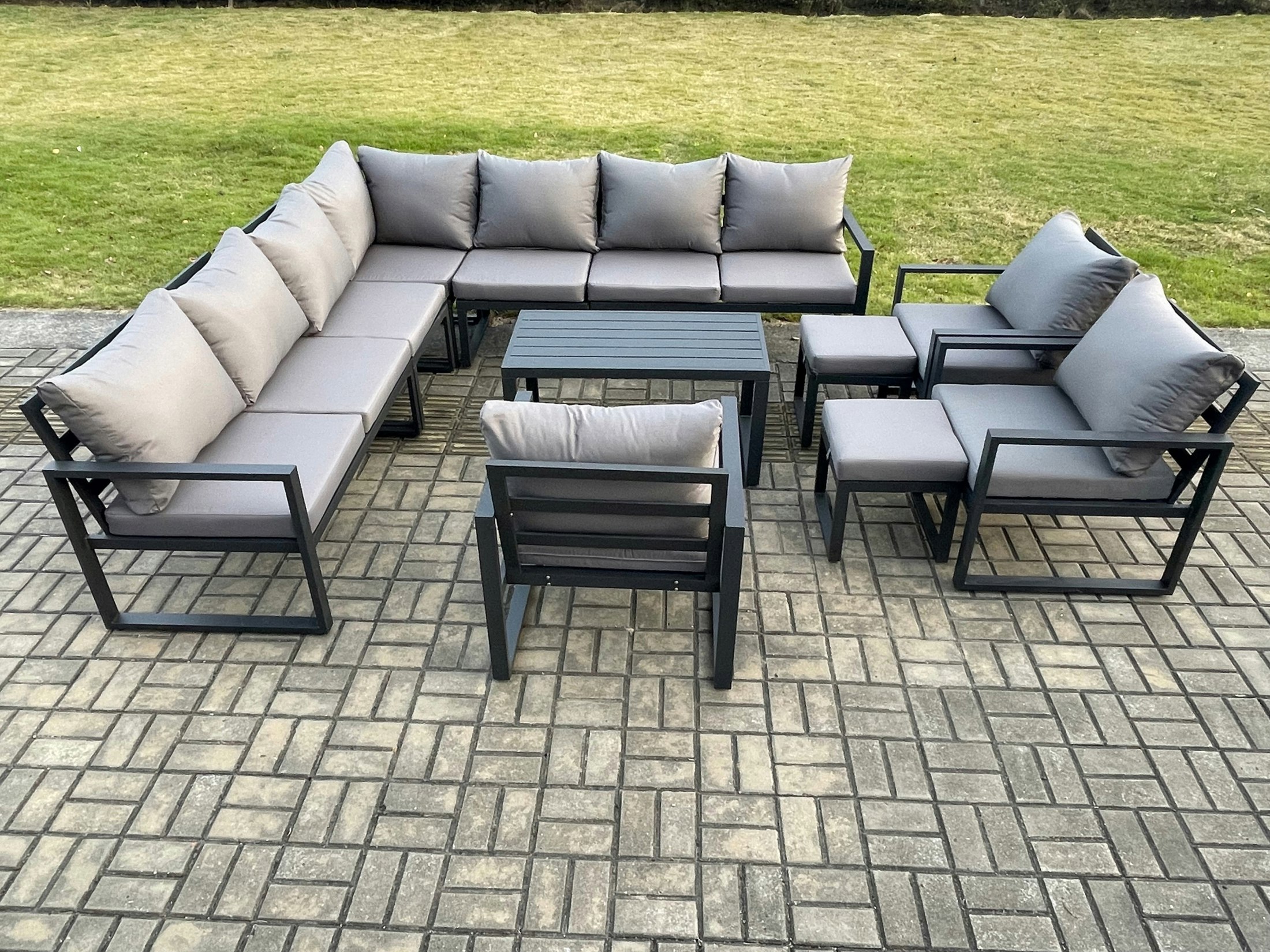 Fimous Dark/Grey Aluminium Outdoor Garden Furniture Set Lounge Corner Sofa 3 Pcs Chair Oblong Coffee Table Sets With 2 Small Footstools