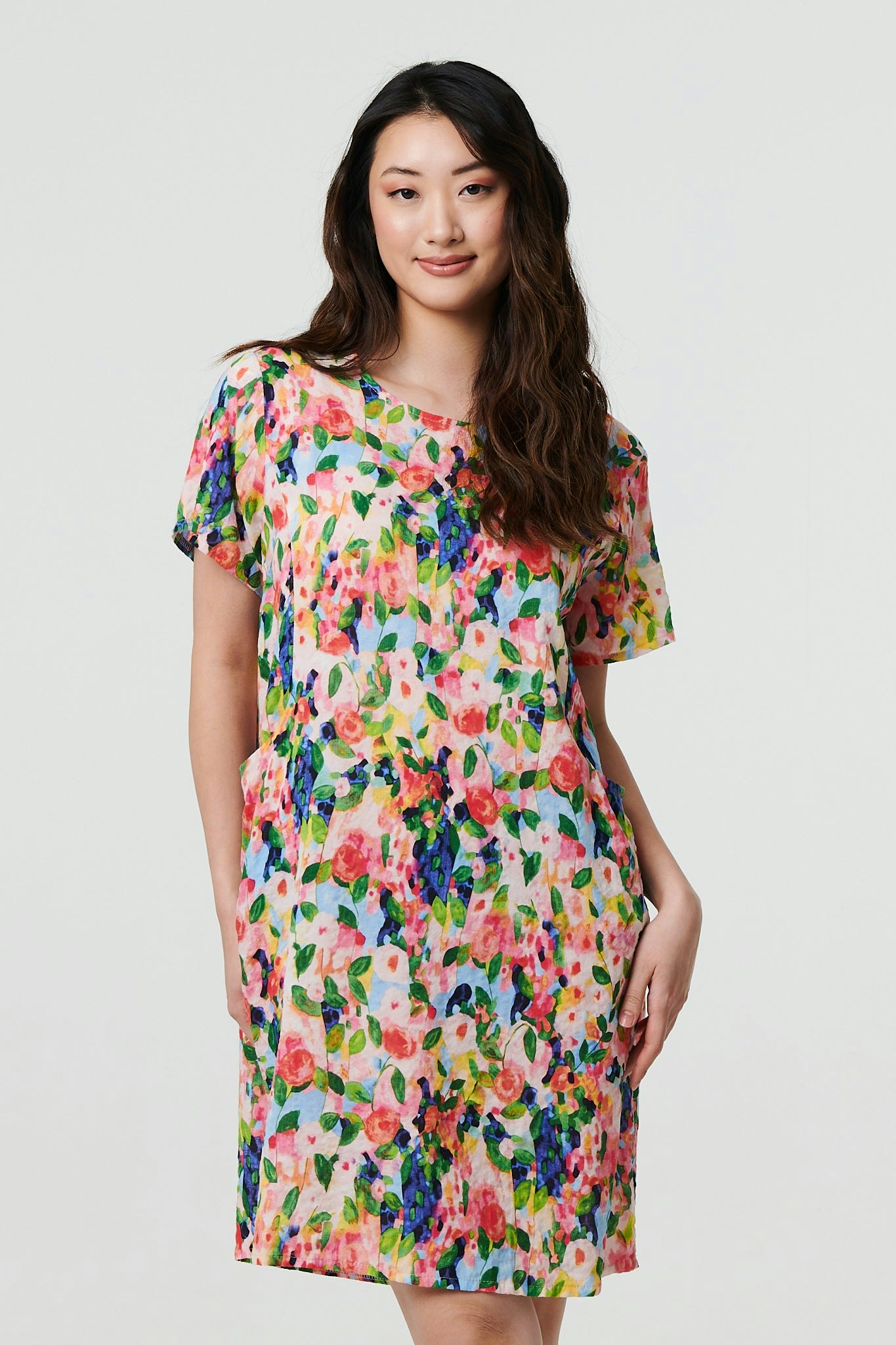 Izabel London Women's Pink Floral Short Sleeve Shift Short Dress - 18