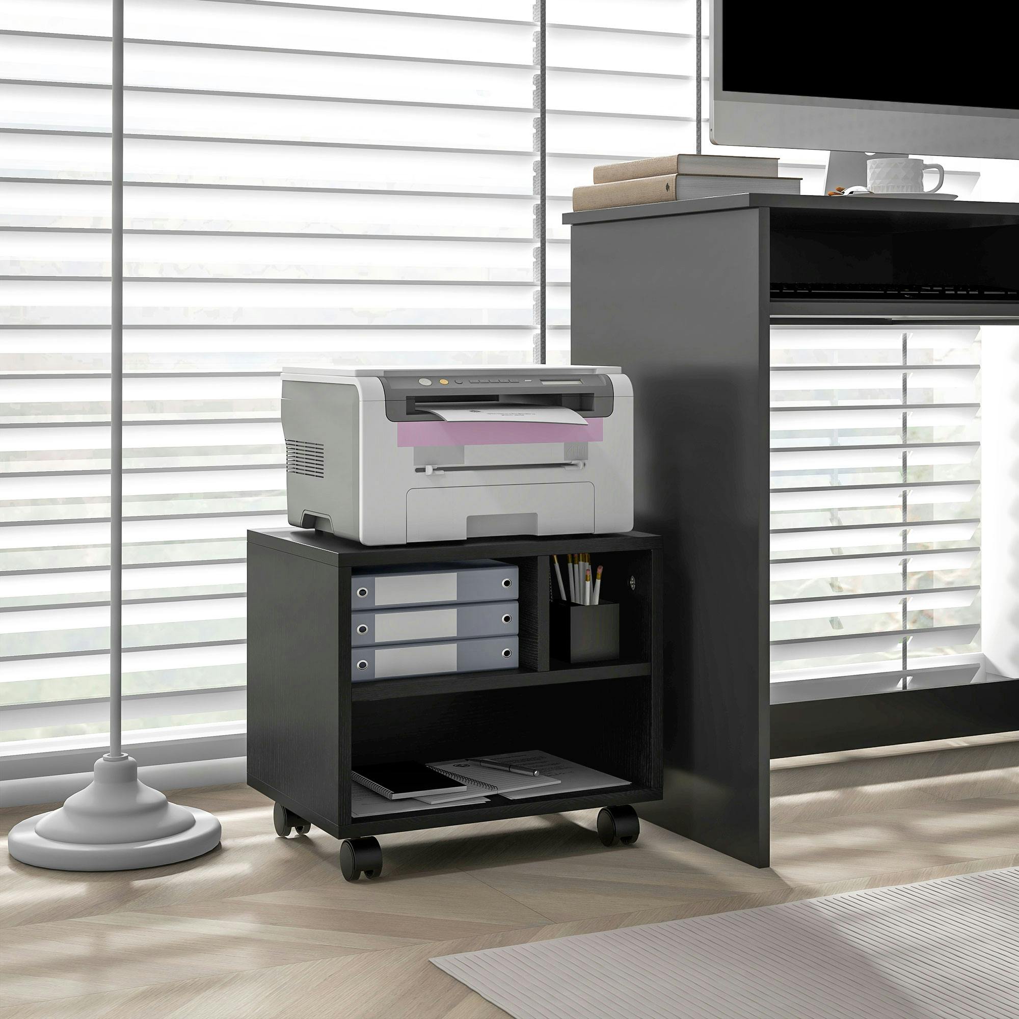 HOMCOM Printer Stand with Storage - 3 Compartments, Black, On Wheels - Image 11
