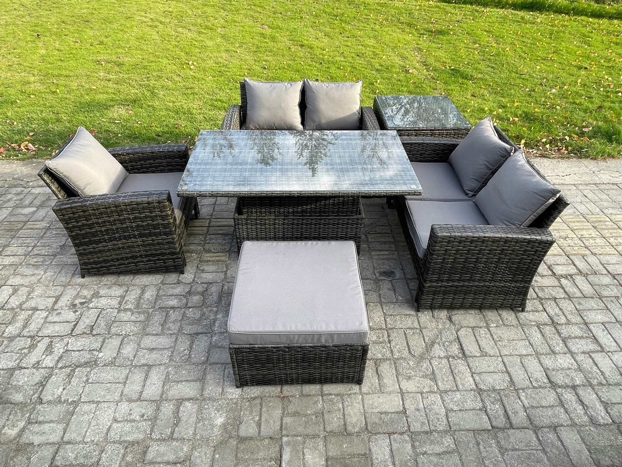 Rackhams Dark/Grey 6Pcs Rattan Outdoor Garden Furniture Set Height Adjustable Rising Lifting Table Sofa Dining Set With Big Footstool Side Table Mixed Size 6