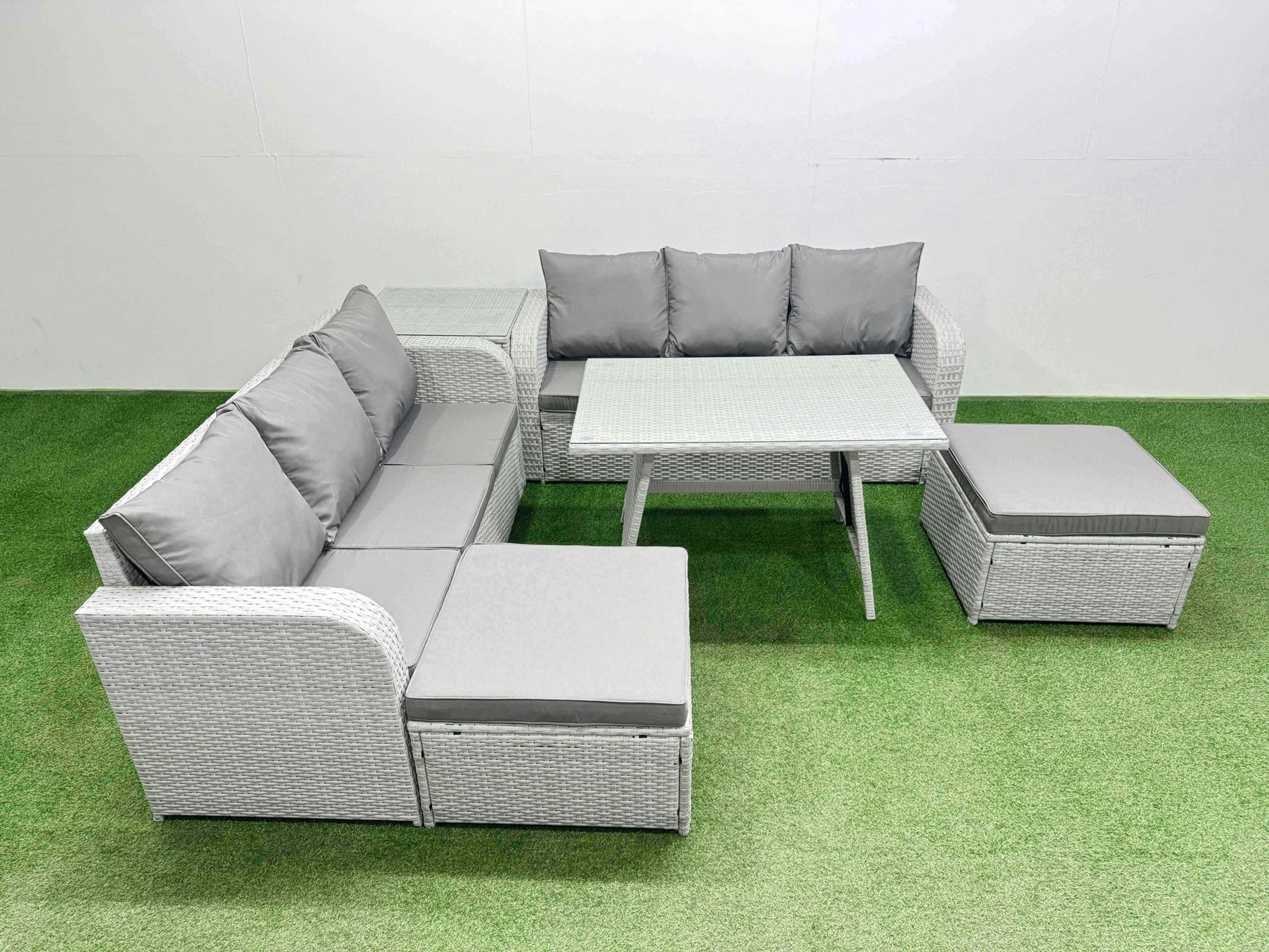 Rackhams Light/Grey Patio Dining Table & Chairs Set Rattan High Back Lounge Sofa Set With 3 Seater Sofa Side Table 2 Big Stool