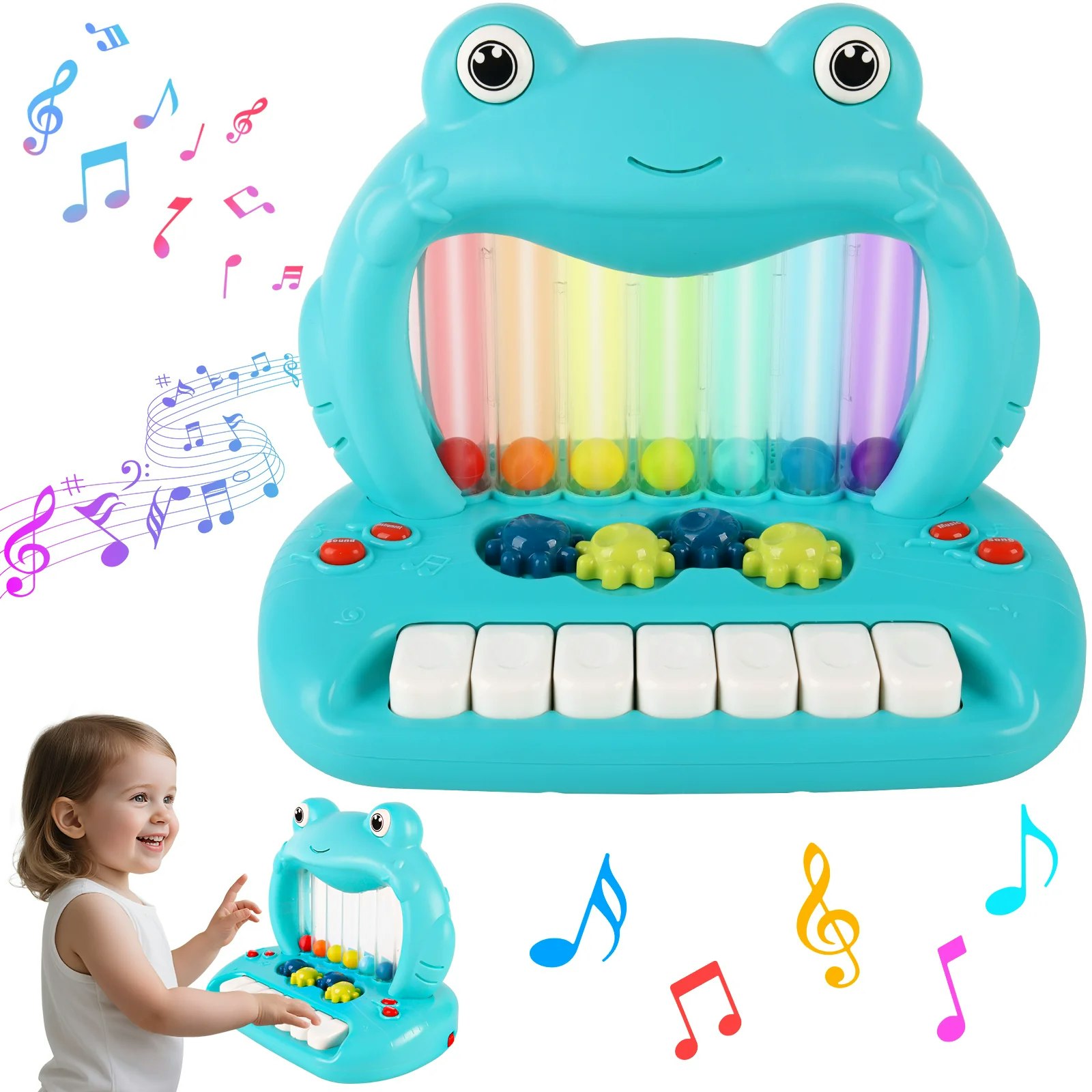 Deao Toys Blue Blowing Ball Frog Piano Toy For Toddlers, Educational Musical Keyboard With Lights & Sounds