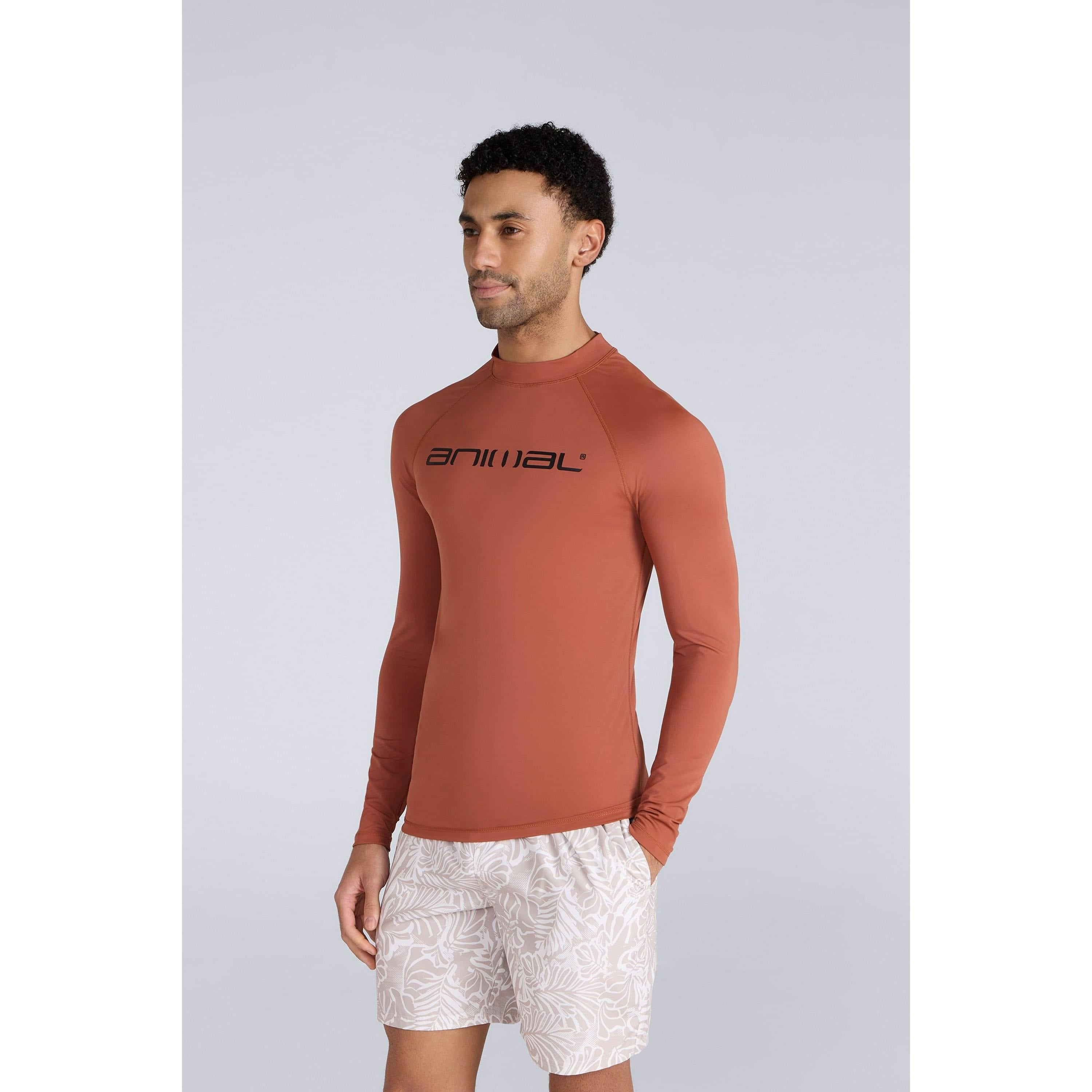 Animal Men's Sonny Logo Rash Guard - Rust - S - Rust