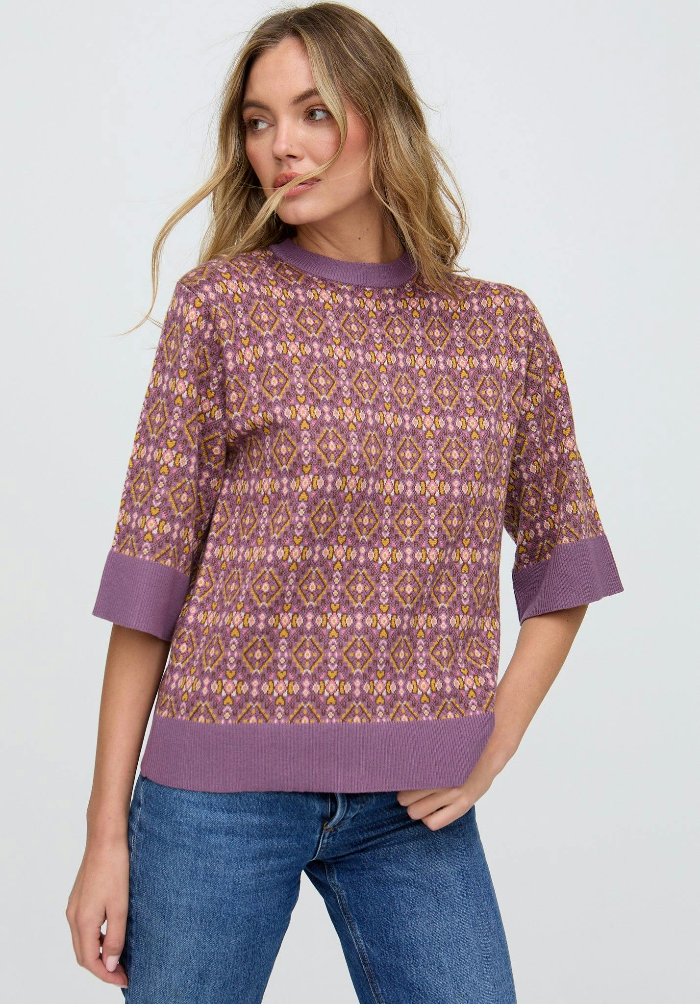 Raffya Pink Daffodil Slouchy Tile Print Knitted T-Shirt In - 12