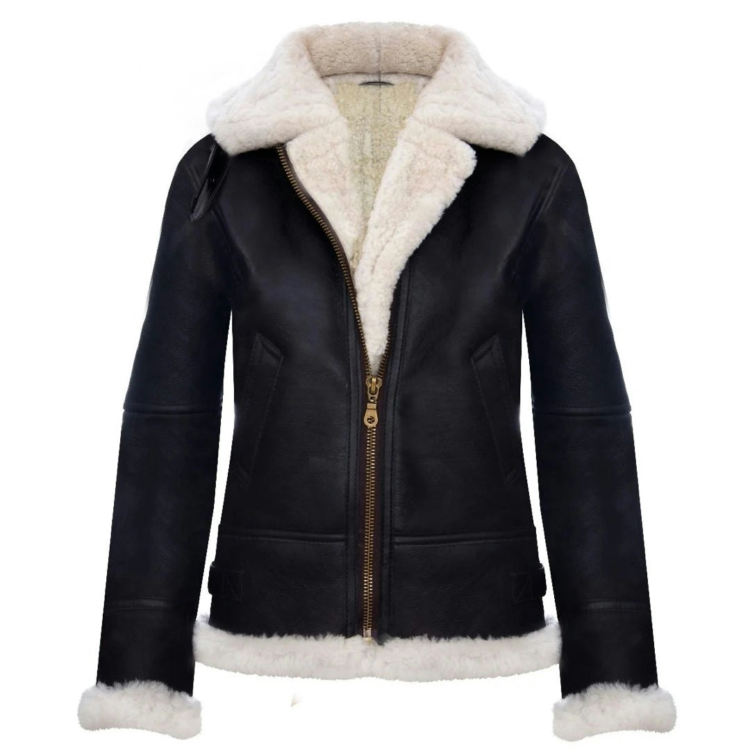 Infinity Leather Women's White/Brown Leather Company Aviator Hooded Shearling Sheepskin Leather Jacket - Uk 16