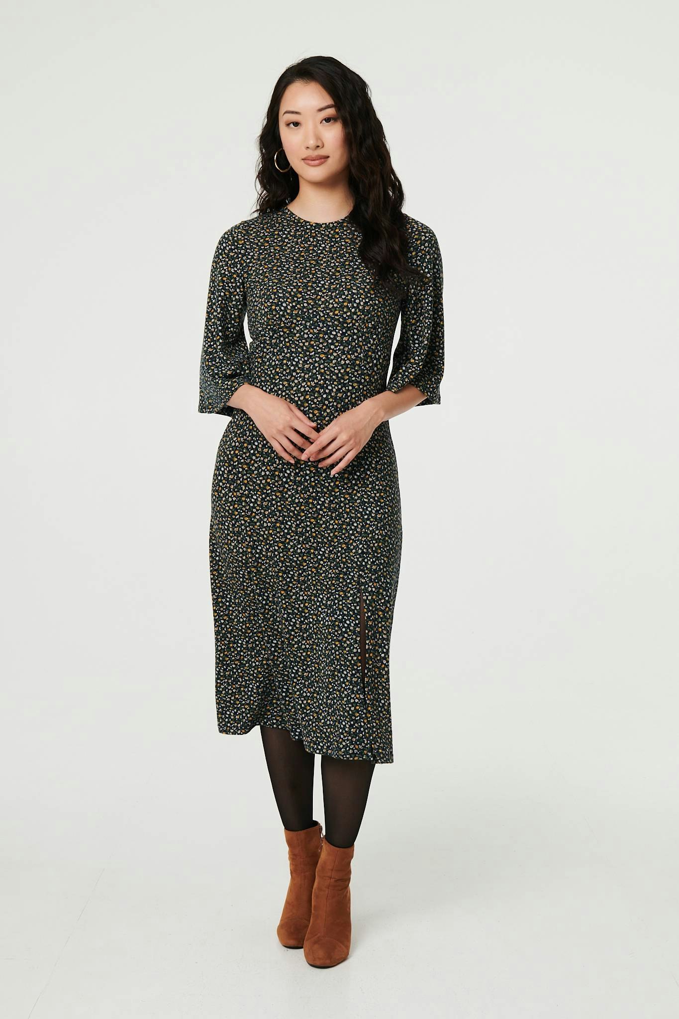 Izabel London Ditsy Floral Angel Sleeve Midi Dress - 8 - Navy