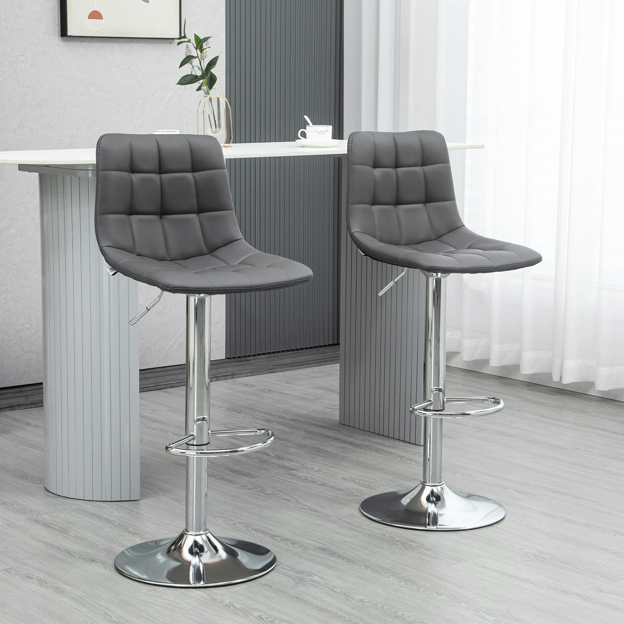 Rackhams Grey Adjustable Bar Stools Set Of 2, Swivel Pu Leather Upholstered Barstools With Tufted Seat And Back, Breakfast Bar Chairs For Kitchen Counter, - Image 4