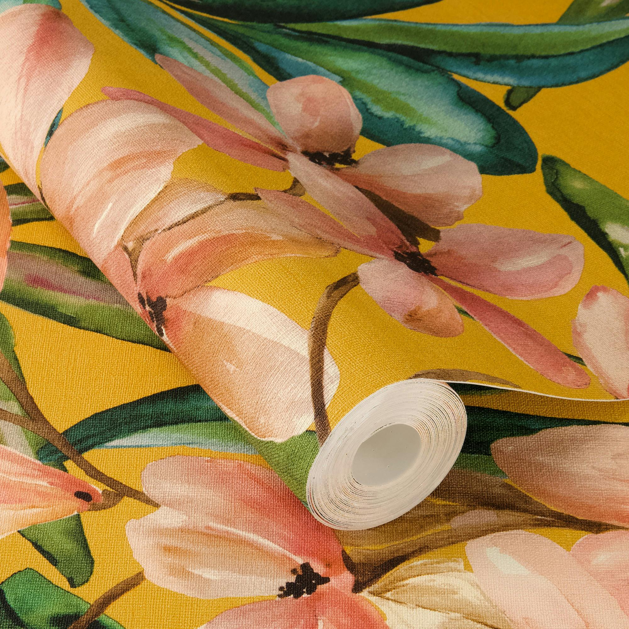 Rasch X Tesa Yellow Magnolia Floral Self Adhesive Peel And Stick Textured Wallpaper,