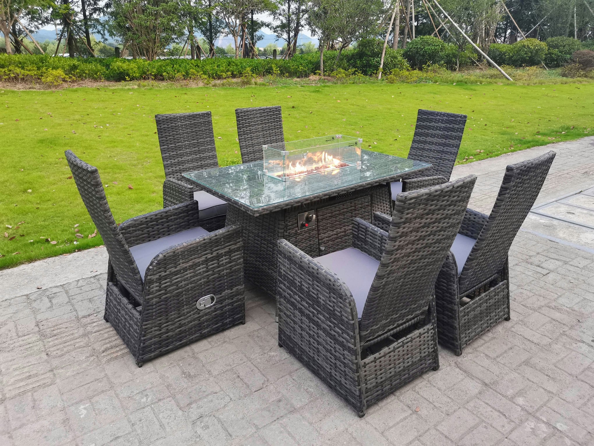 Rackhams Dark/Grey Rattan Garden Furniture Gas Fire Pit Rectangle Oblong Dining Table And Chairs 6 Seater Plus Rectangular Table