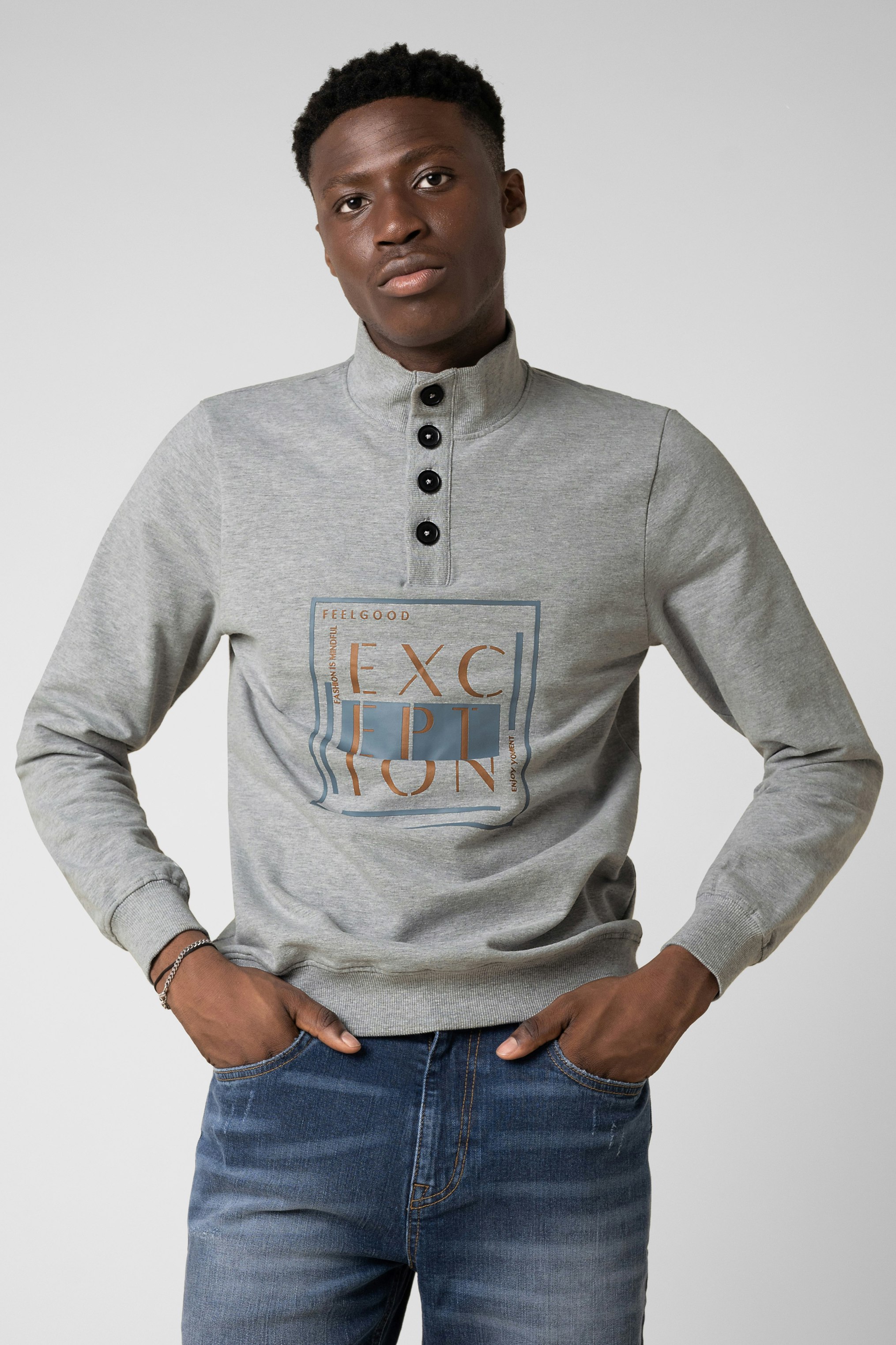 Enorsia Grey Button-Up Funnel Neck Sweatshirt - M - 92% Cotton, 8% Elastane