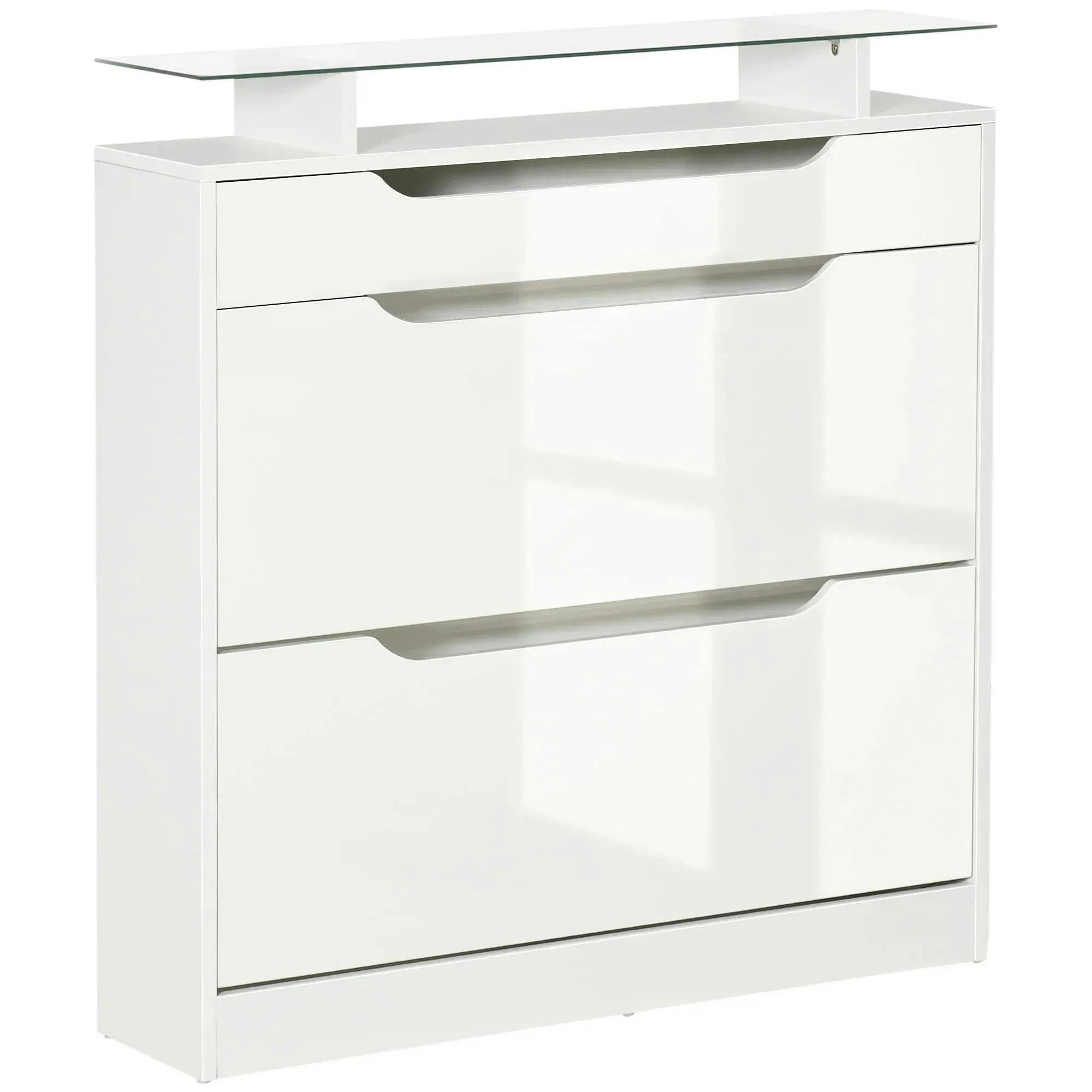 Homcom Unisex White Cabinet With 3 Drawers Storage Cupboard W/ Flip Door Glass Top For 14 Pairs In - Image 6
